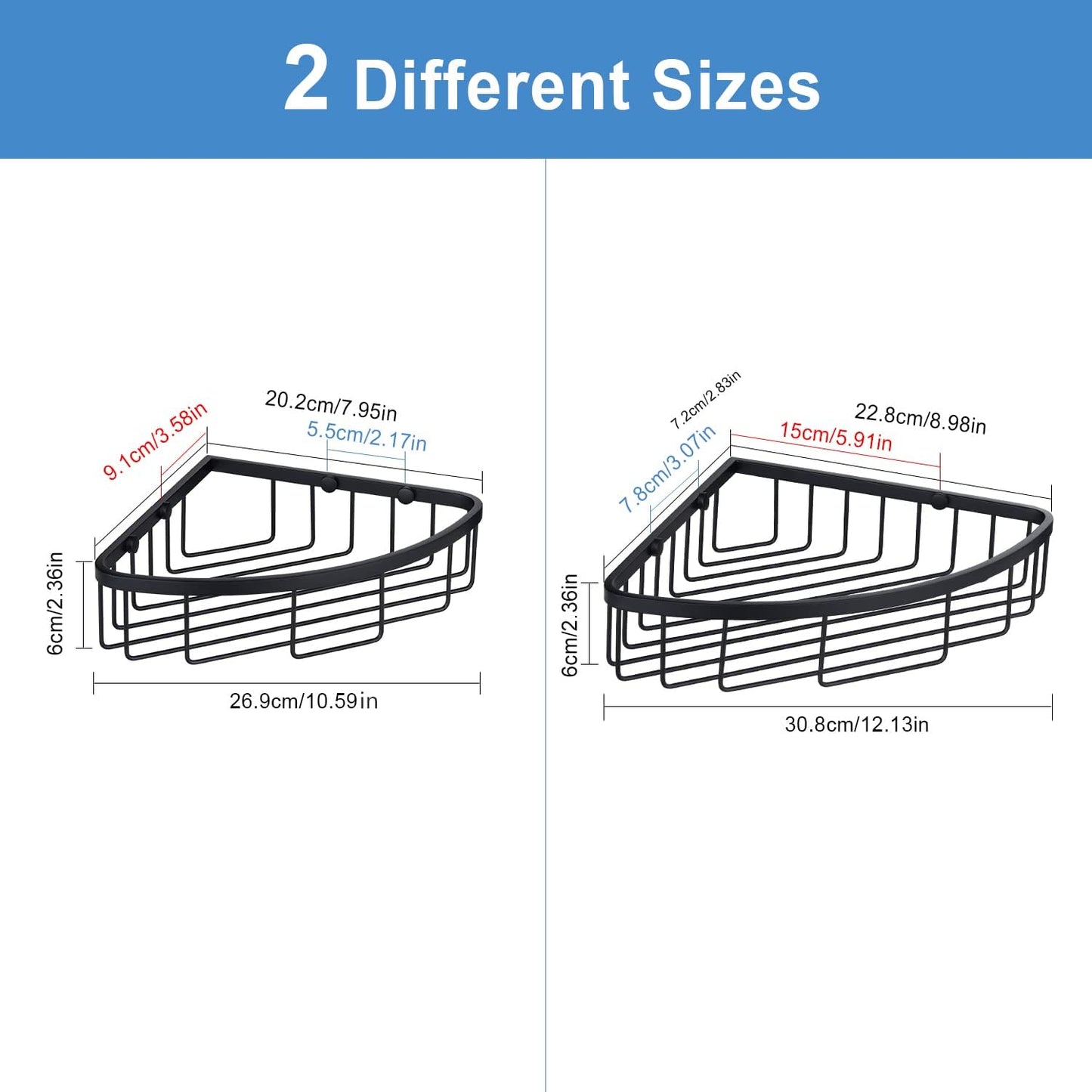 [2 Pack] Corner Shower Caddy Shelf Organizer, Stainless Steel Heavy Duty Rust-Proof Shampoo Holder, Wall Mounted Storage Rack for Bathroom & Kitchen, Matte Black