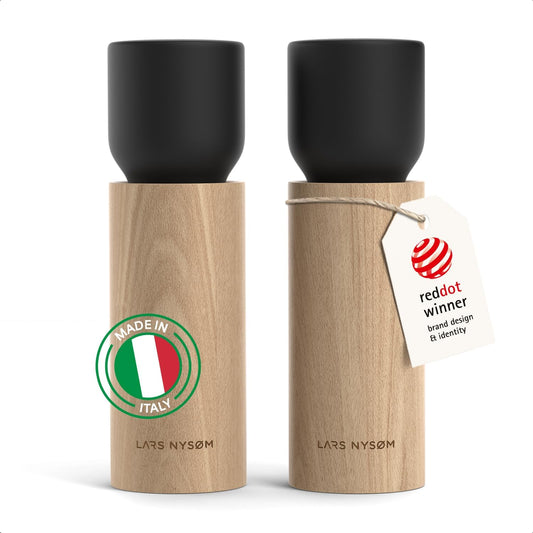 LARS NYSØM Wooden Salt and Pepper Grinder Set Manual - Salt and Pepper Mills with Adjustable Ceramic Grinder - Elegant Beechwood Pepper and Salt Mill Set for Dining Table (Carbon Black)
