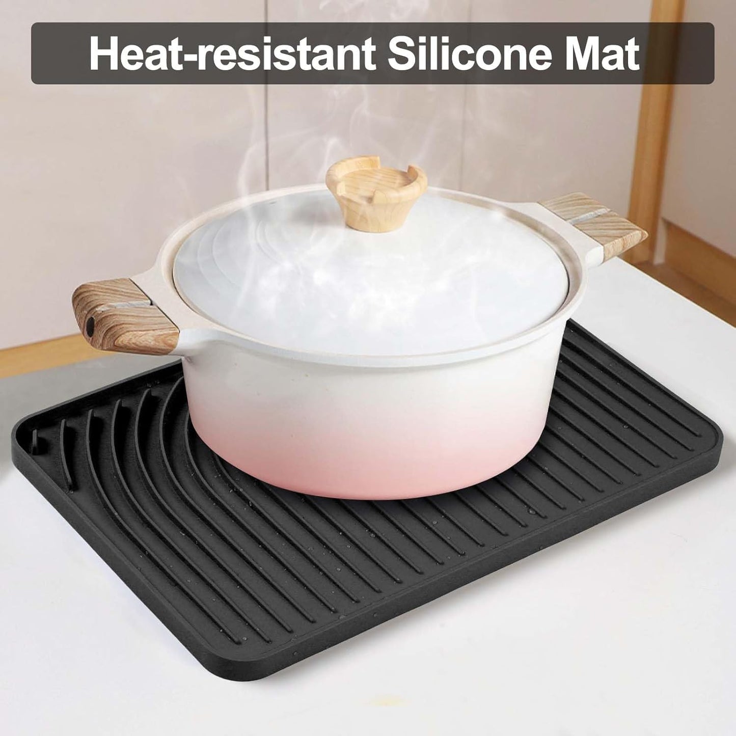 Silicone Dish Drying Mat for Kitchen Counter with Built-in Drain, Easy Clean Pad for Countertop Protection, Fast Self-Draining Slope, Non-Slip, Multiple Use 18 x12 Inch(Black)