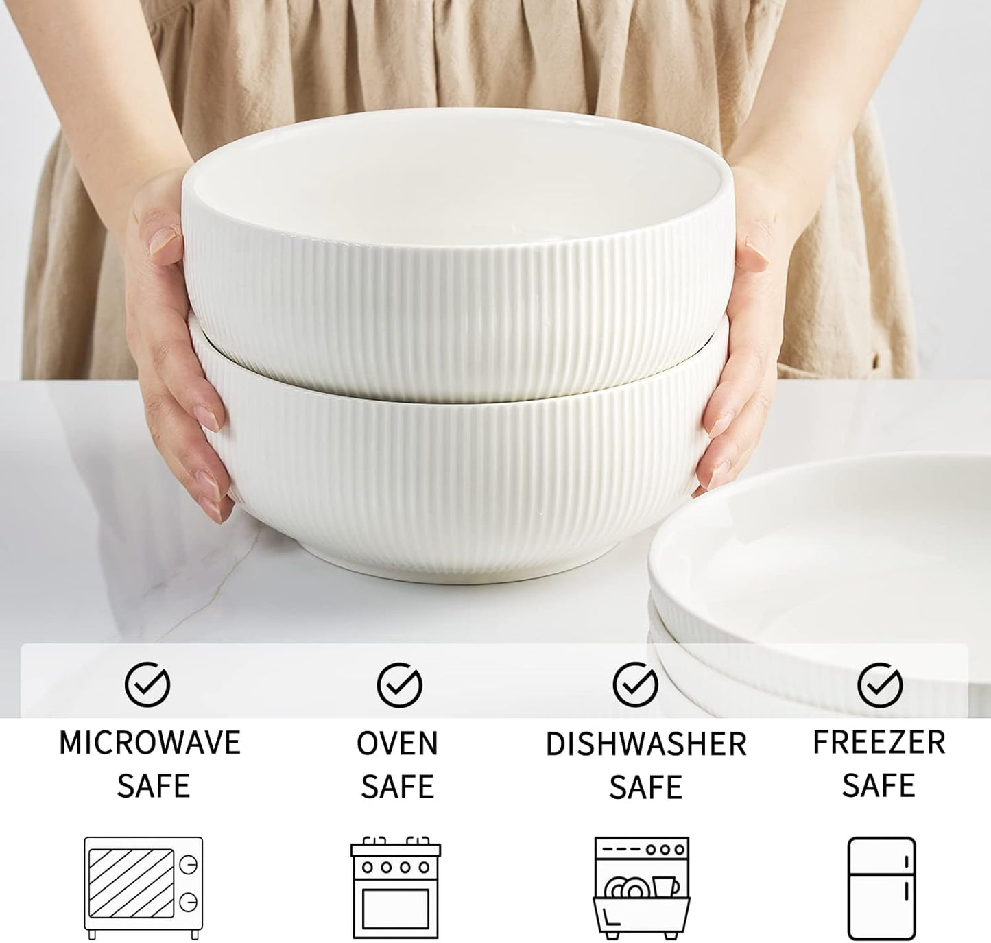 getstar Salad Bowl, 8 inch 60 oz Large Serving 2 Packs Ceramic Bowl Set, Microwave & Freezer Safe, Bowl Set of 2 For Fruit Soup Pasta Popcorn (White)