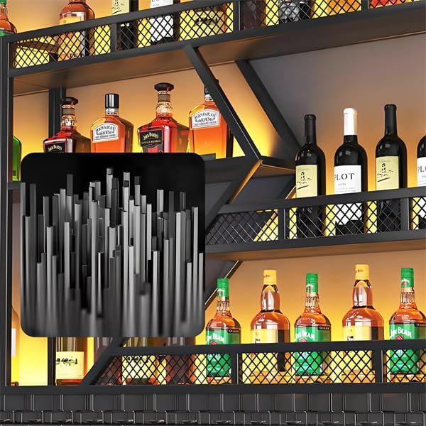 79inch Metal Wine Rack Wall Mounted, Modern Wine Storage Rack Wall Mounted with Wine Glass Holder, Liquor Shelf, Bar Shelves for Liquor Bottles (4 Tiers Black, 79 * 7.87 * 48.5INCH)