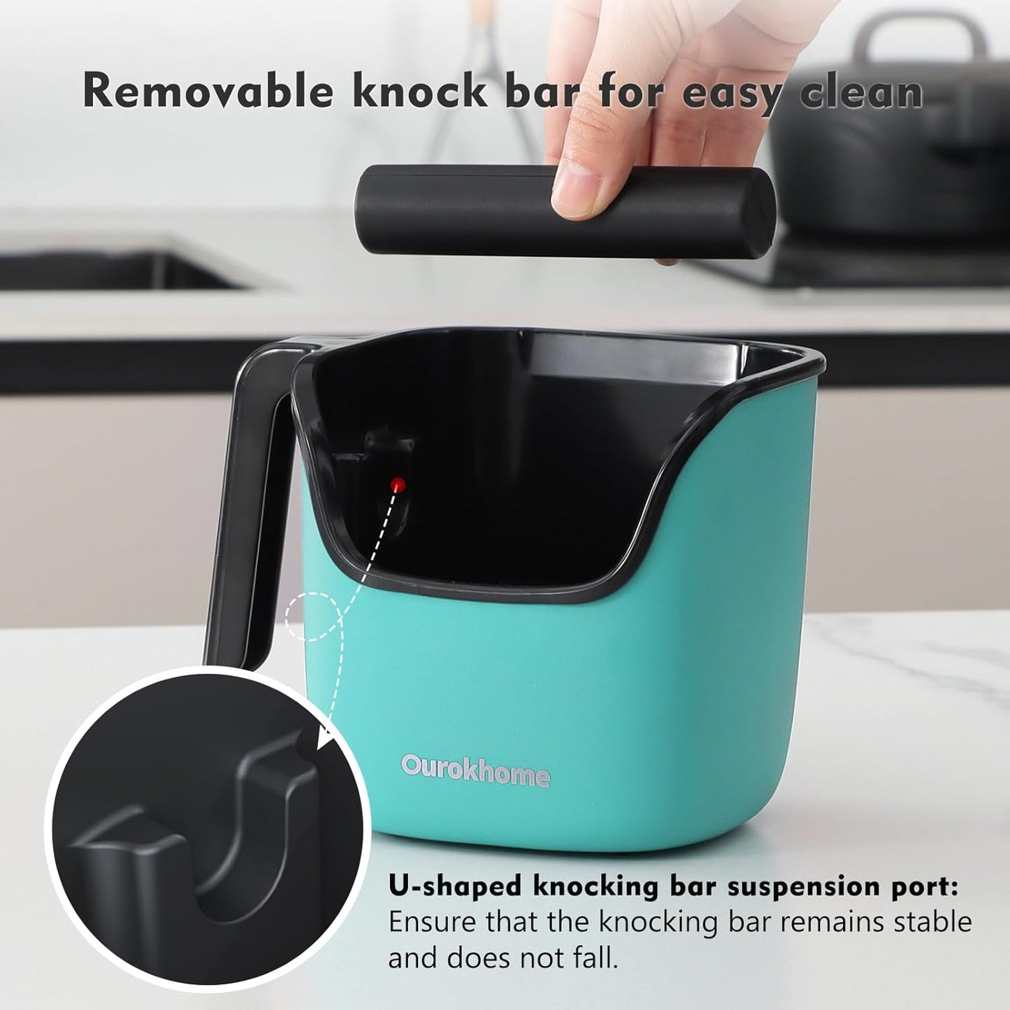 Ourokhome Knock Box Espresso Accessories, The Latest Patented Stainless Steel Espresso Machine Tool for Coffee Ground with Removable Knock Bar, Handle and Lid, Dishwasher safe, 4.8 inch (Mint)