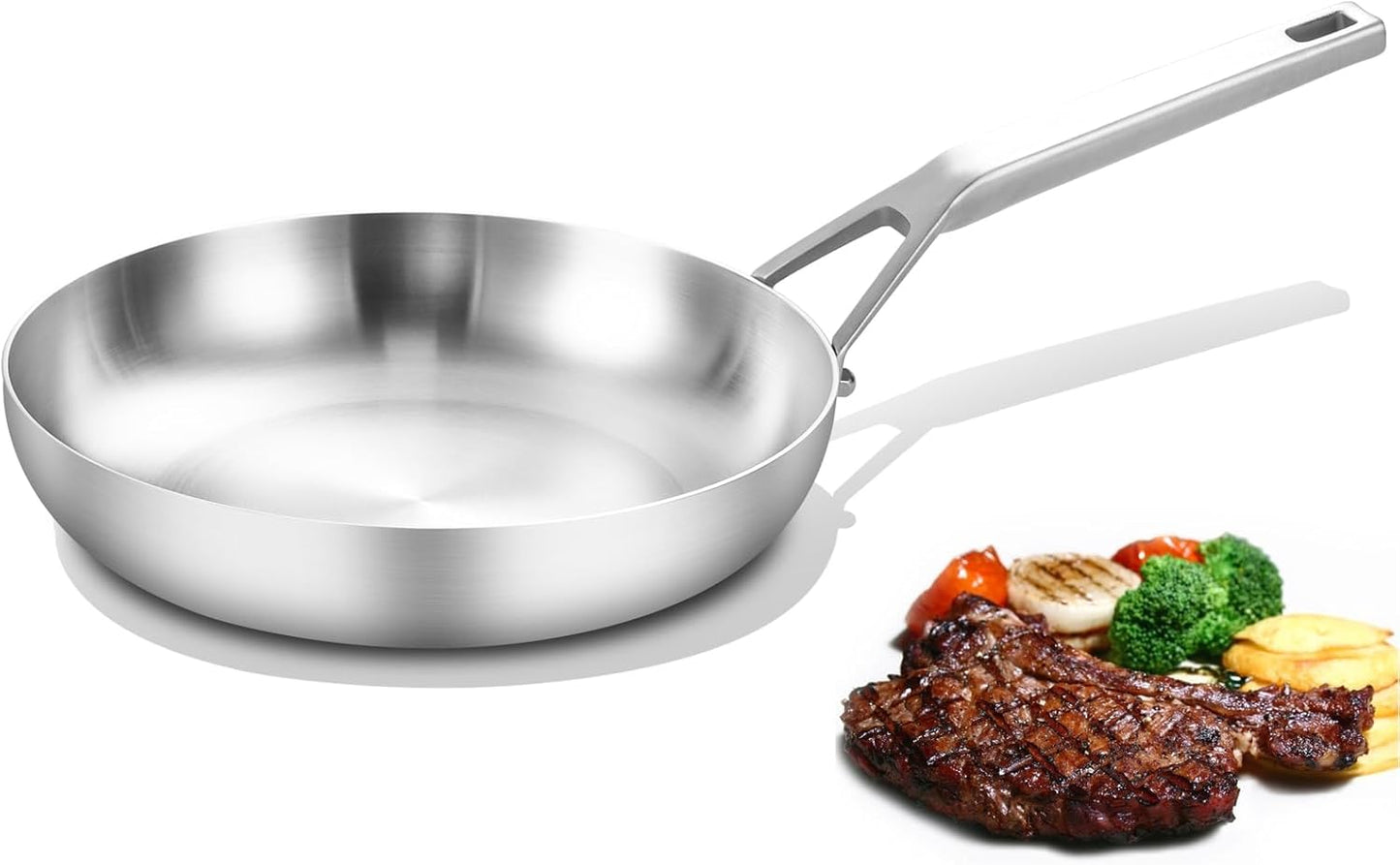 Tri-Ply Fully Bonded Stainless Steel 8inch Frying Pan, Omelette Pans, Egg Pan Durable Chef's Pan, Kitchen Skillets 8in, Induction Pan for Steak,Egg, Compatible with All Cooktops, Up to 600℉