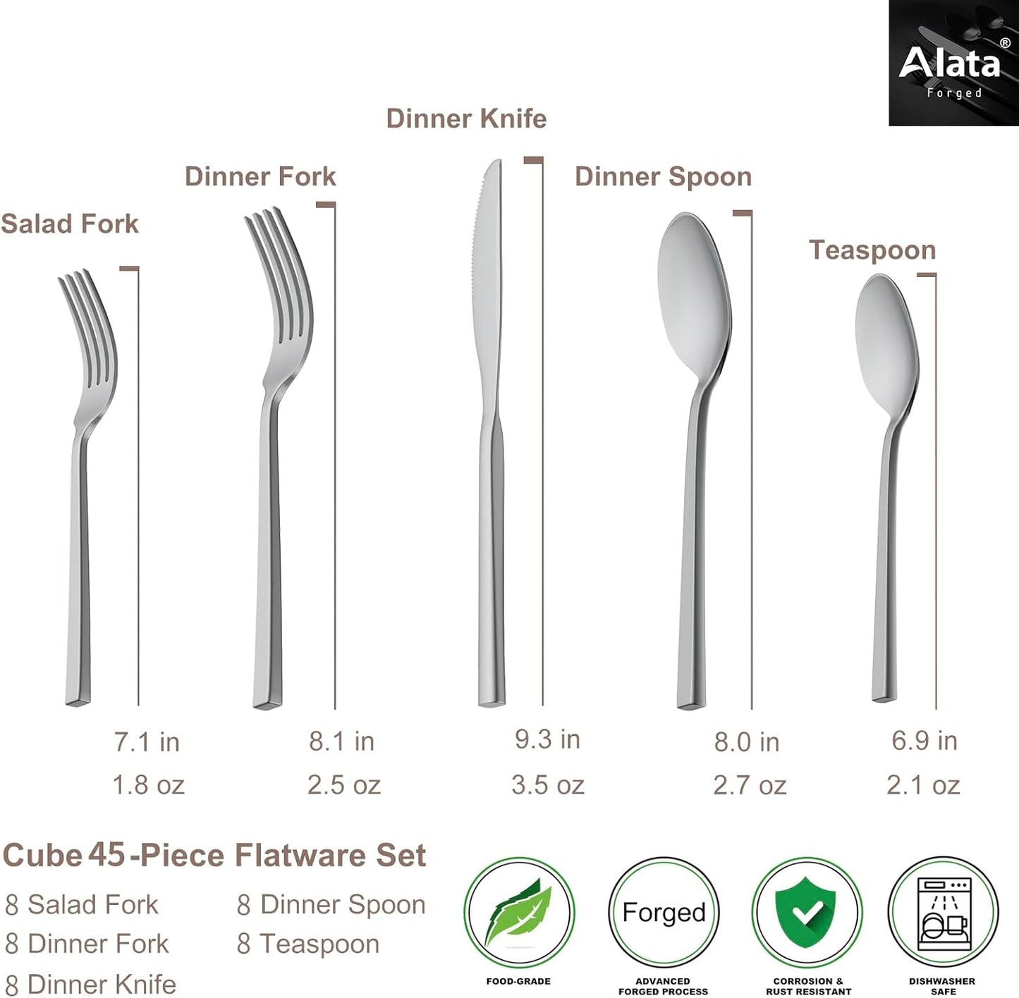 Alata Cube 45-Piece Forged Stainless Steel Flatware Set Cutlery Set,Service for 8,Silver Finish,Dishwasher Safe