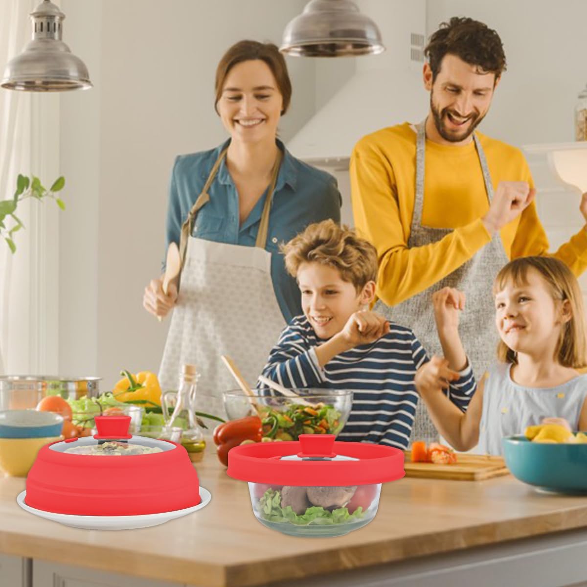 Microwave Splatter Cover Glass Splatter Guard Lid with Collapsible Silicone for Food Plate Cover 9 inch Red