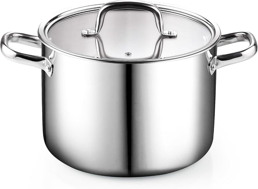 Cook N Home Stainless Steel Stockpot 8 Quart, Tri-Ply Clad Soup Pot with Glass Lid, Induction Compatible, Heavy Duty Canning Pot, Dishwasher Oven Safe, Silver