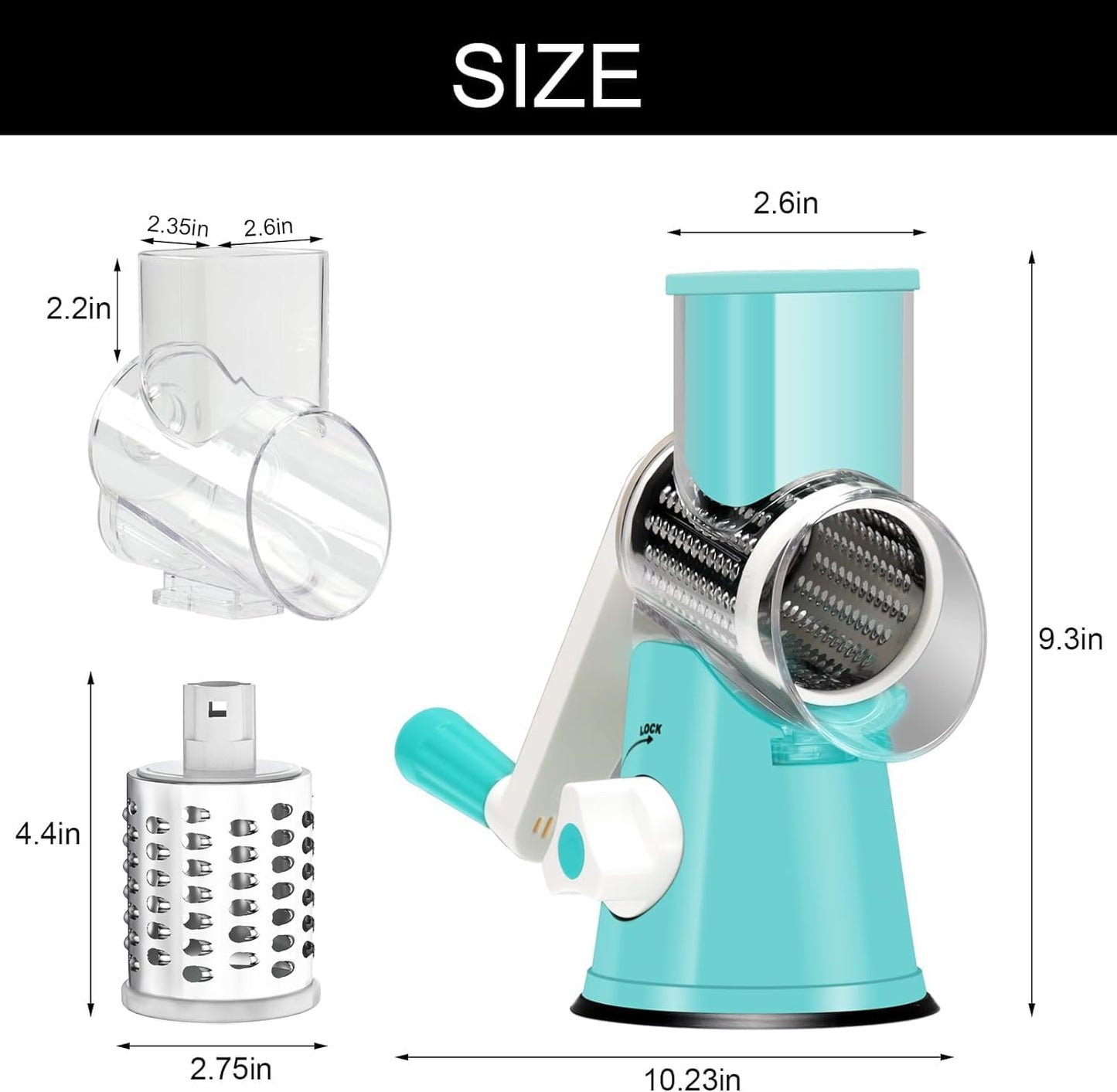 Cambom Rotary Cheese Grater Hand Crank Cheese Shredder for Fresh Cheese, Vegetable, Nuts,Non-slip Suction Base, Free Cleaning Brush Three Blades, Blue