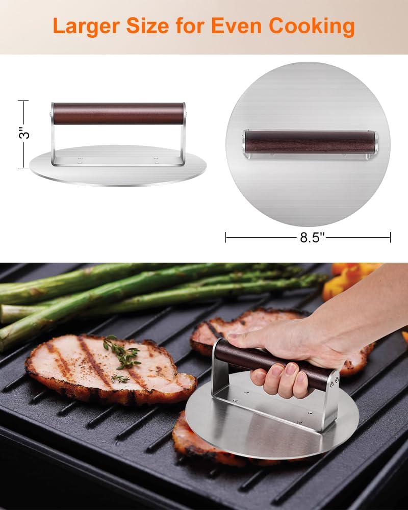 Brigii Burger Press Smasher, 2.5lb Heavy-Duty Stainless Steel, with Flat Nonstick Surface and Wooden Handle, for Hamburger Patty, Bacon, Steak, BBQ Grilling, Dishwasher Safe