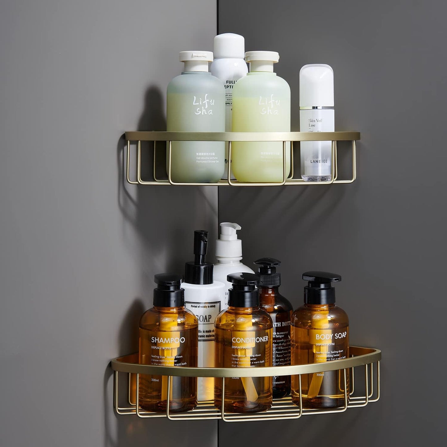[2 Pack Bathroom Corner Shower Caddy Shelf Organizer, SUS304 Stainless Steel Heavy Duty Rust-Proof Shelf Holder, Wall Mounted Storage Rack for Bathroom Kitchen, Brushed Gold