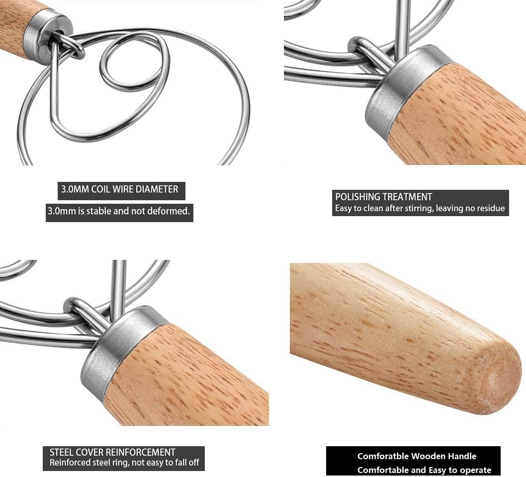 Danish Dough Whisk 13" Stainless Steel Bread Whisk Bread Making Tools Danish Dough Hook Bread Dough Mixer Hand Bread Dough Whisk for Pastry, Baking Cake, Dessert, Sourdough, Pizza, with Wooden Handle