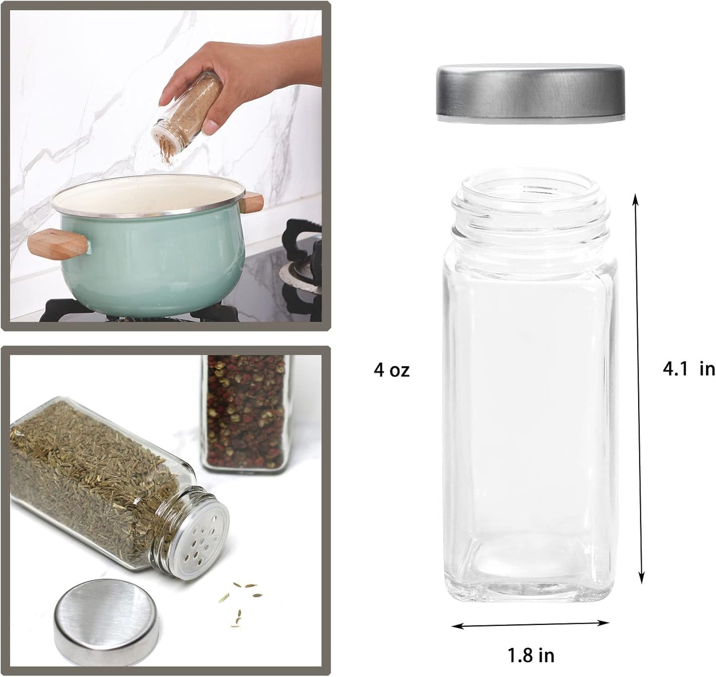 6pcs Spice Jars, 4 oz Glass Seasoning Bottles, Spices Container, Empty Spice Jars, Square Spice Bottles with Airtight Stainless Steel Caps with Shaker Lid