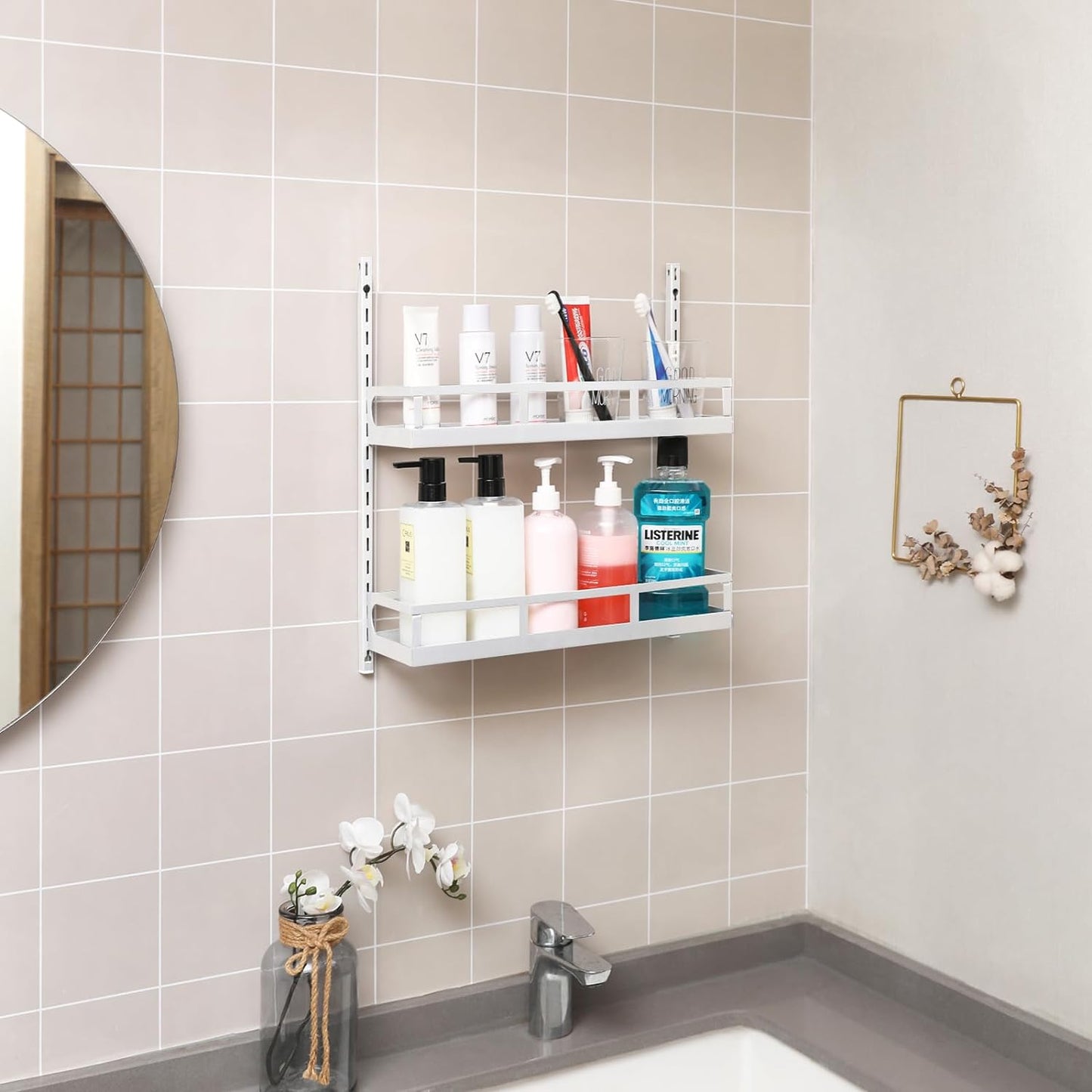 X-cosrack Wall Mount Spice Rack Organizer 5 Tier Height-Adjustable Hanging Spice Shelf Storage for Kitchen Pantry Cabinet Door, Dual-Use Seasoning Holder Rack with Hooks, White