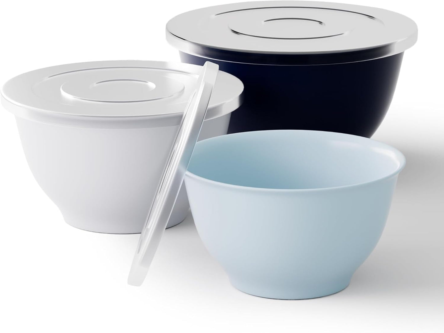 TP Large Mixing Bowl Set with Lids, Melamine Nesting Bowls Set for Pasta Baking Salad Mixing, Set of 3, Blue and White