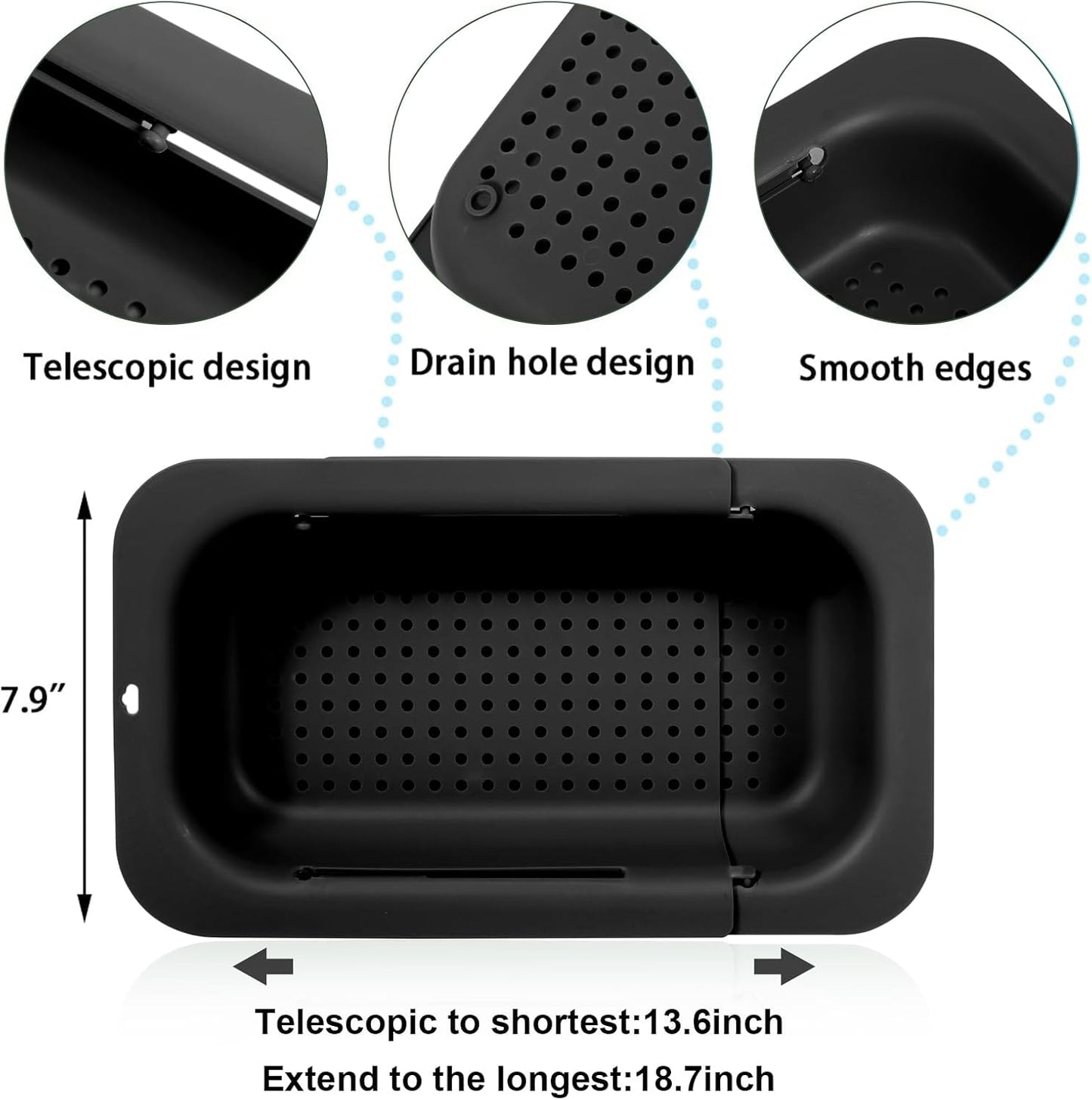 KesaPlan Collapsible Sink Colanders and Strainers Basket Extendable Plastic Fruit Vegetable Strainer Drainer Basket for Kitchen (Length 13.6 inch-18.7 inch) (black)