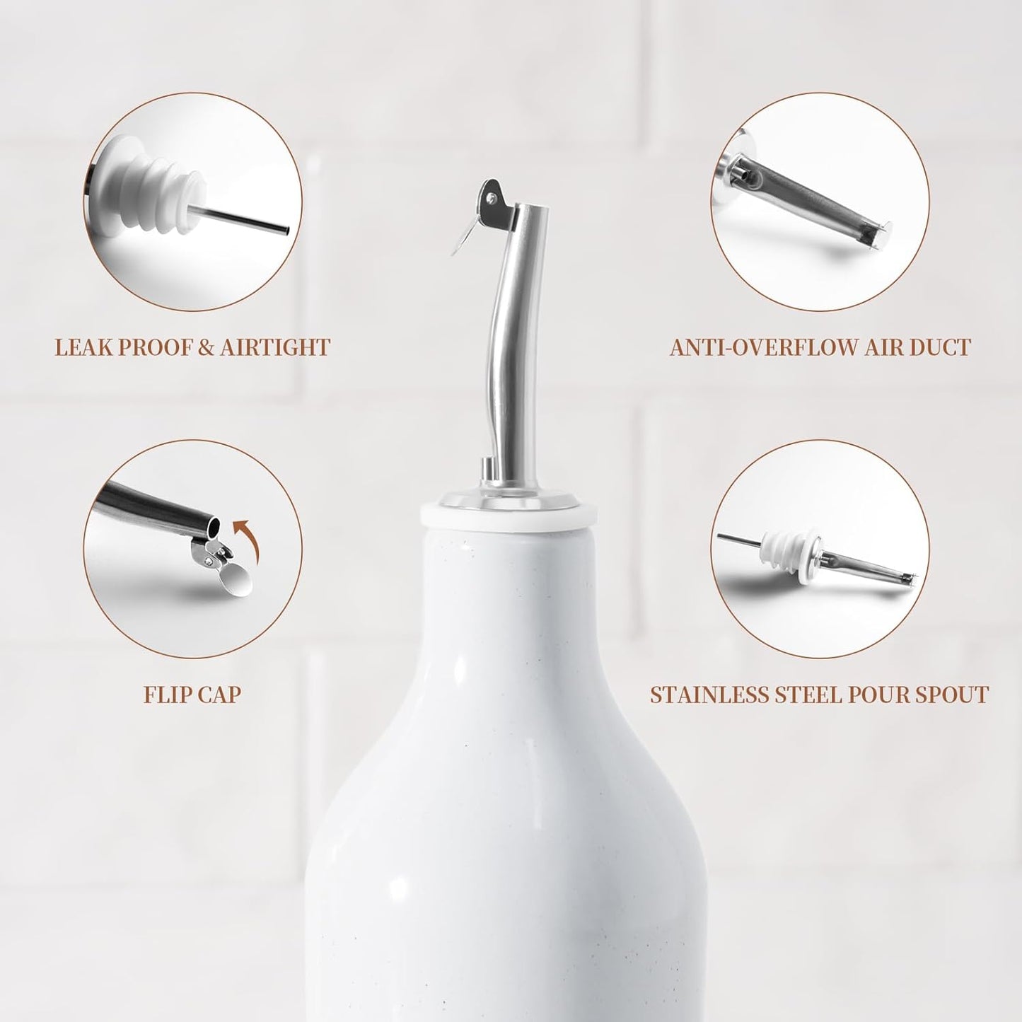 famiware Milkyway 16oz Ceramic Olive Oil Dispenser Bottle, Olive Oil and Vinegar Dispenser Bottle Set of 2 with Stainless Steel Pourers, Suitable for Storage Liquids, Light Gray and Cinnamon Brown