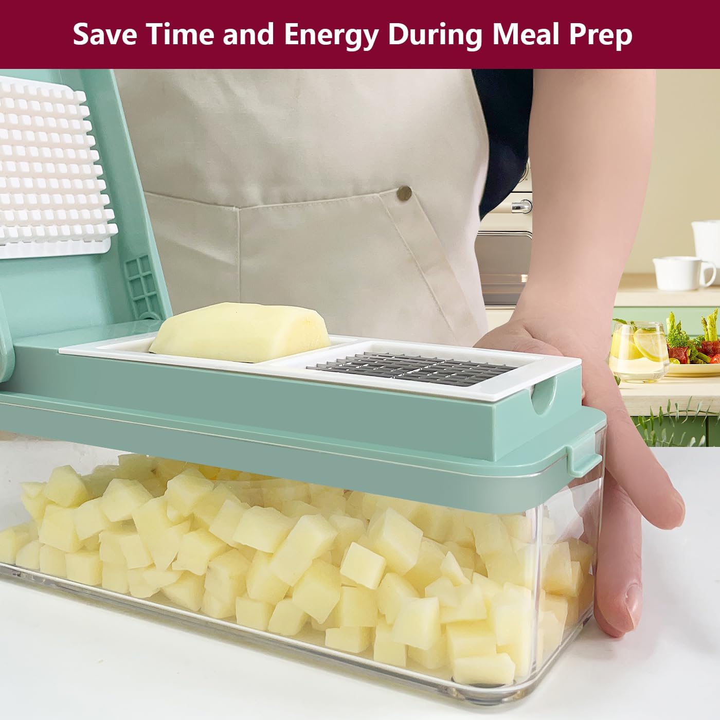 Vegetable Chopper, Onion Dicer, Mandoline Slicer, Food Chopper with Container, Vegetable Cutter for Salad Potato Carrot Garlic（2 Blades, Blue White）