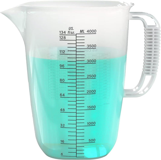 Luvan 1 Gallon Measuring Pitcher, Large Measuring Cup with Spout and Handle, 134oz Plastic measuring pitcher with Conversion Chart, 1 Gallon Measuring Container for Motor Oil, Chemicals, Pools, Lawns