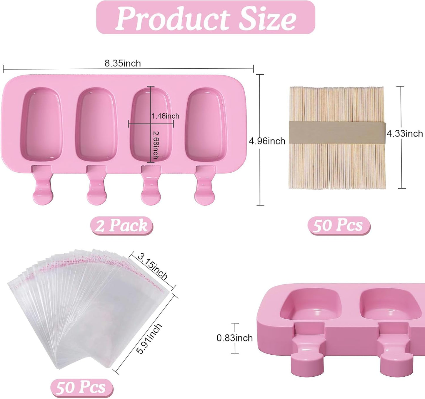 Ozera Popsicles Molds Set of 2, Silicone Cake Pop Molds Reusable Homemade Popsicle Maker Ice Pop Cakesicle Molds with 50 Wooden Sticks & 50 Popsicle Bags