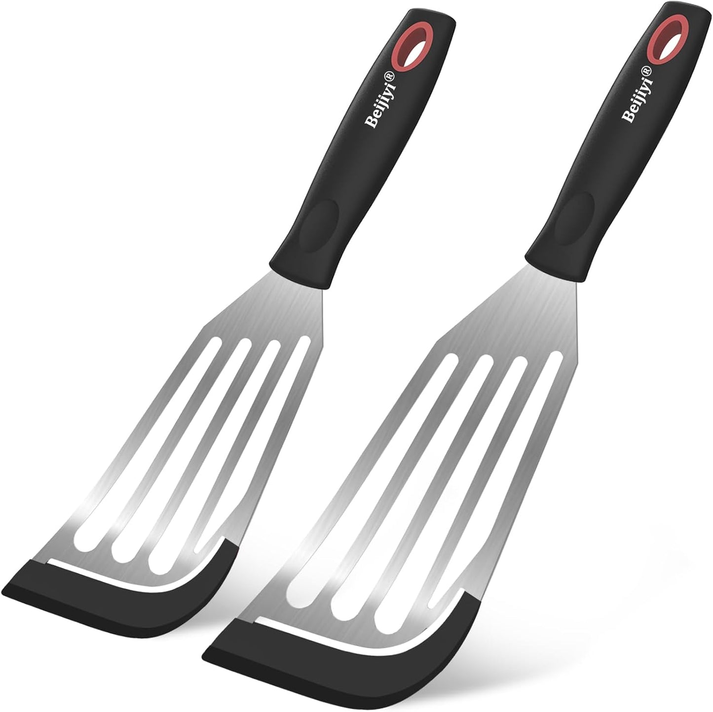 Beijiyi 2-Piece Fish Spatulas Silicone Heat Resistant, Kitchen Spatula Set for Non Stick Frying Pan, Slotted Flexible Fish Turner Cooking Utensils, Large 12.3 In, Small 10.6 In, Black Silicone Edge