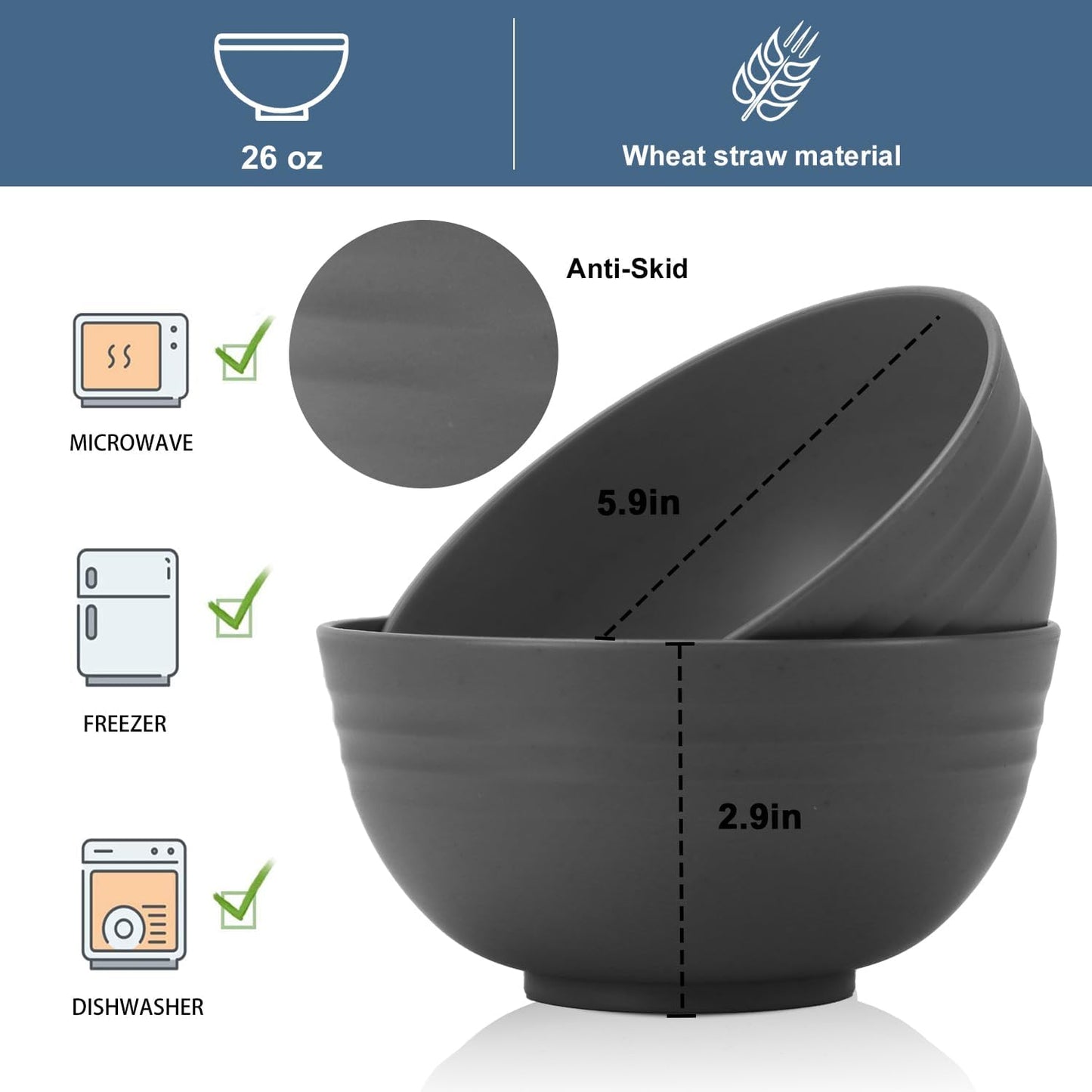 Wheat Straw Bowl Sets for Camping,8 PCS Unbreakable Cereal Bowls 26 OZ,Microwave and Dishwasher Safe Bowls,Kids Bowl suitable for cereal,salad,snack and soup (Deep Grey)