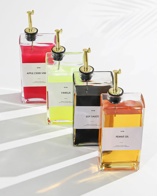 Olive Oil Dispenser For Kitchen, Glass Oil Bottle 350ML Oil And Vinegar Dispenser Set Of 4 with 4 Stainless Steel Pourers & 88 Labels, Soy Sauce Dispenser, Coffee Syrup Bottles