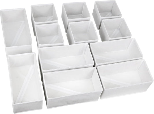 Set of 12 Drawer Organizer, Fabric Closet Organizer and Storage Baskets,Foldable Drawer Divider for Clothing,Sock,Ties,Underwear Drawer Organizers,Set of Cabinet Storage Boxes (White)