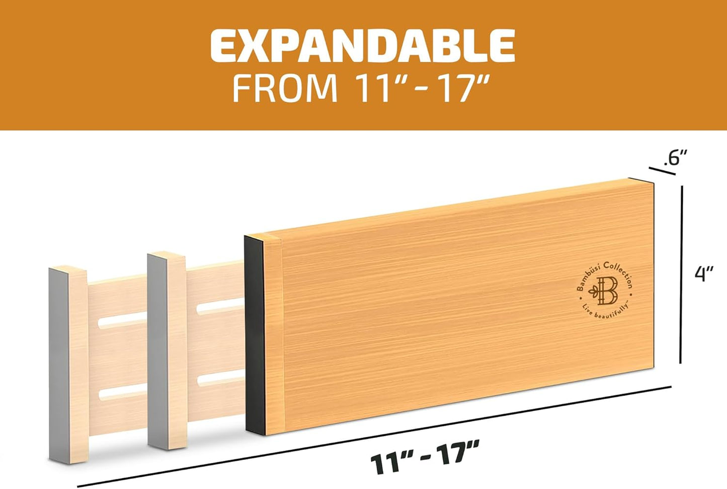 6 Pack Drawer Dividers 4 Inch High, 11”-17" Adjustable Bamboo Organizers Large Expandable Drawer Separators for Cloths, Dresser, Bedroom, Bathroom, Baby Drawer, Office & Kitchen Utensils (Natural)