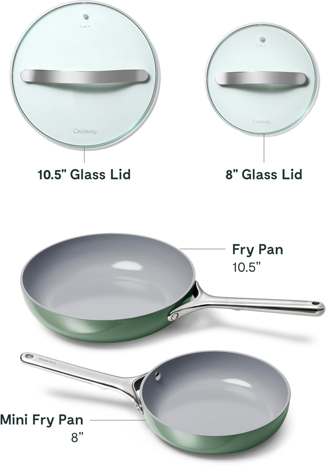 Caraway Ceramic Fry Pan Duo with Glass Lids - Non-Stick Frying Pans (10.5” & 8”) - Non Toxic, PTFE & PFOA Free - Oven Safe & Compatible with All Stovetops – Sage