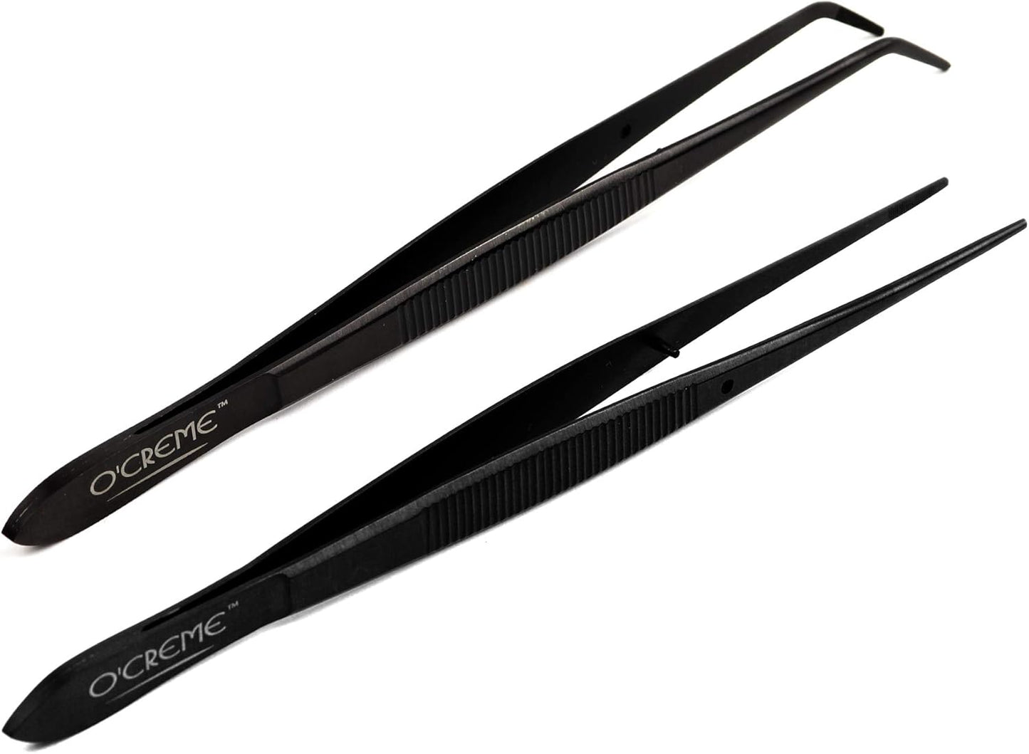 O'Creme Black Stainless Steel Precision Kitchen Culinary Fine-Tip Tweezer Tongs, 1 Curved and 1 Straight