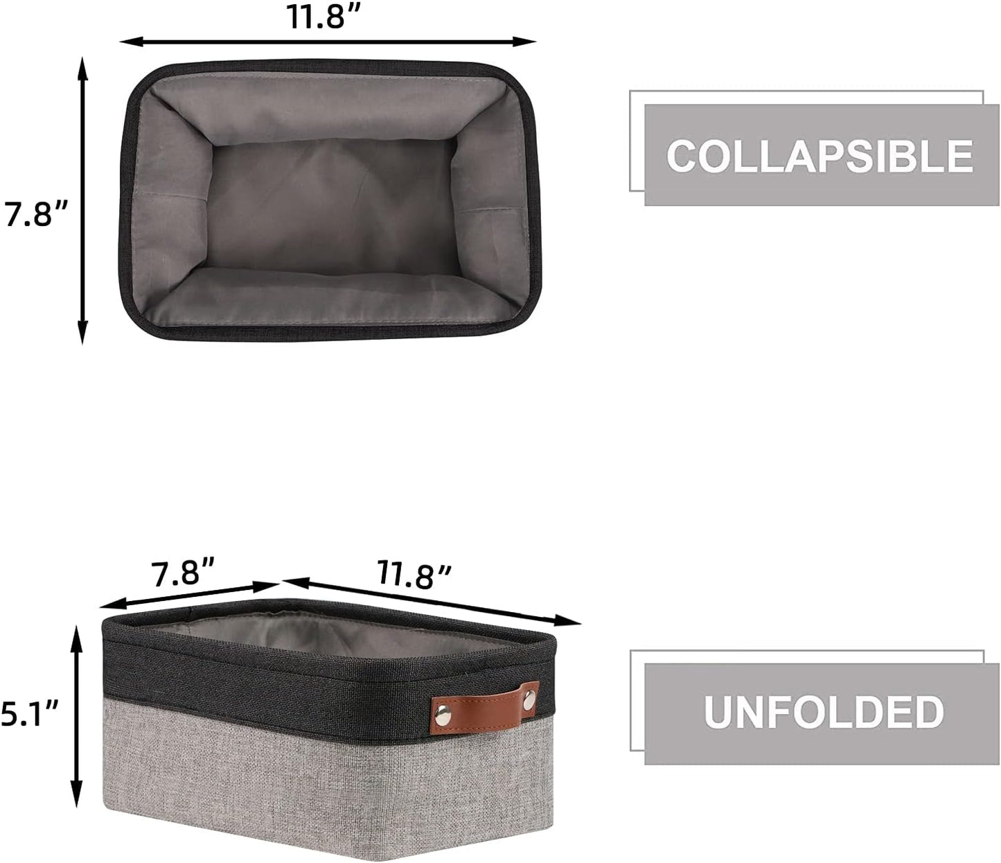 HNZIGE Small Storage Baskets Fabric Bins(6-Pack)Baskets for Shelves, Empty Gift baskets with Leather Handles,Folable Baskets for organizing Clothes, Toys, Books, Gifts(Black&Gray,11.8" x 7.8" x 5.1")