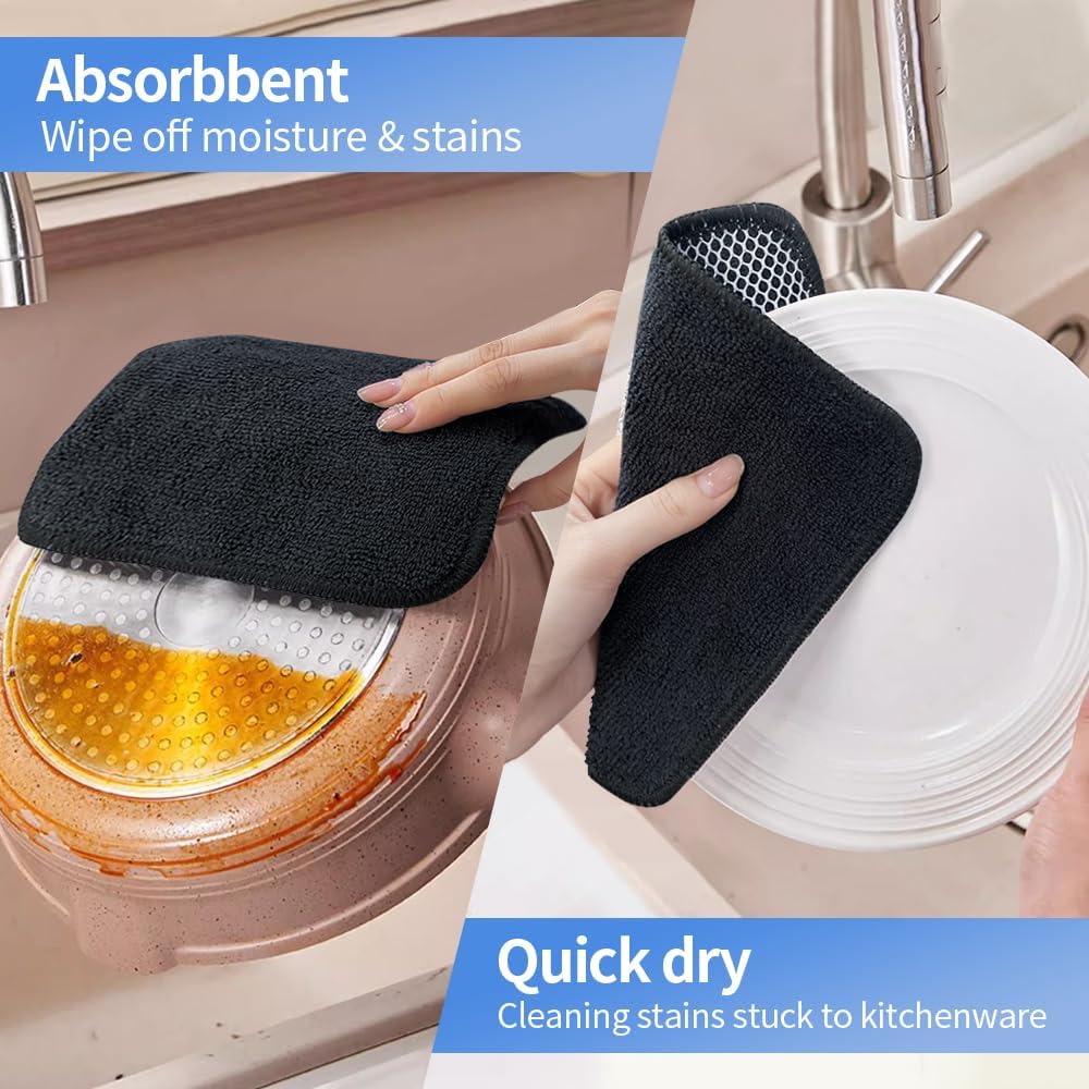 KinHwa Kitchen Washcloths for Dishes Absorbent Microfiber Dish Cloths Quick Dry Dish Rags with Poly Scour Scrub Side Ideal for Kitchen Cleaning (Black, 7inchx7inch 9 Pack)