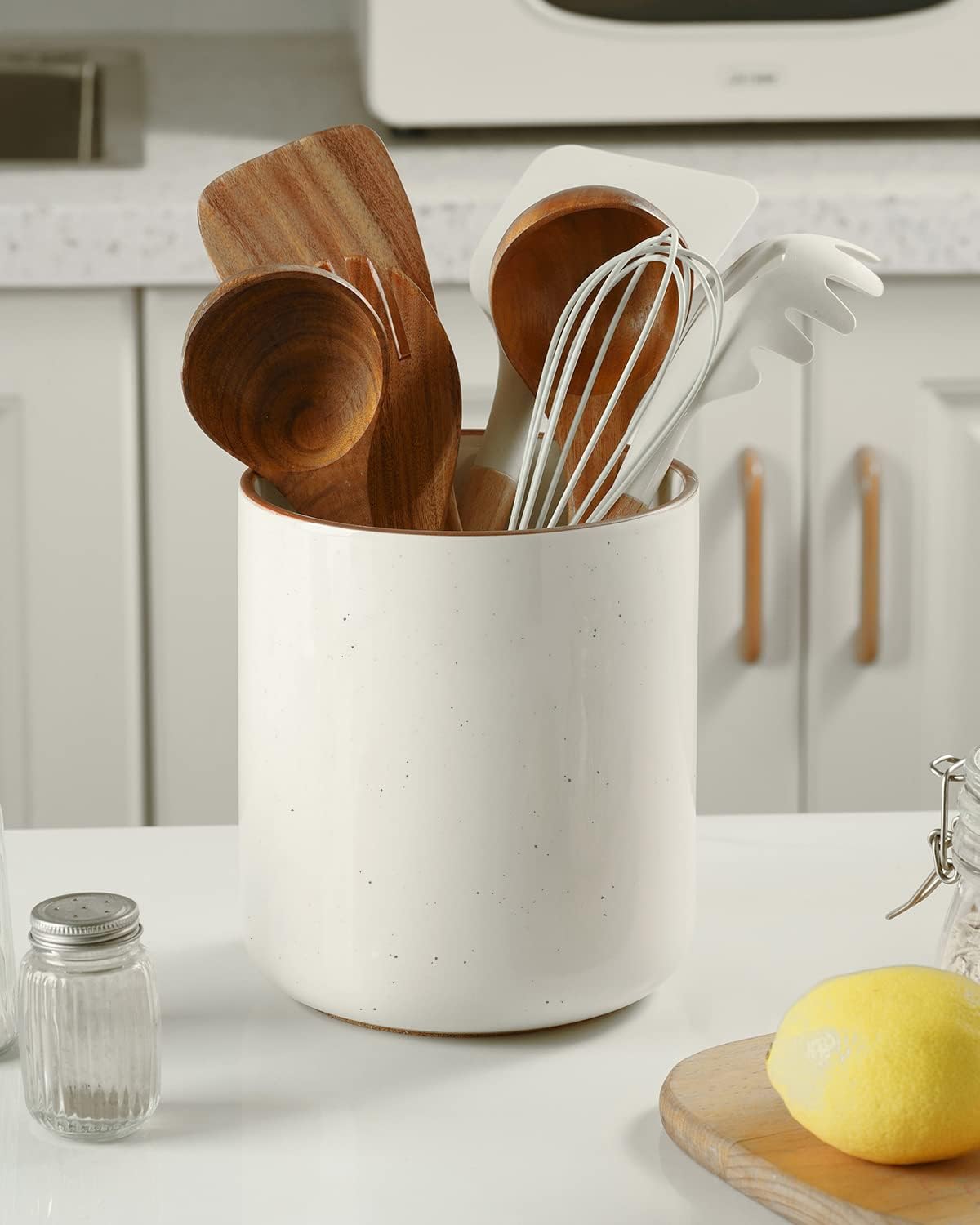 getstar Kitchen Utensil Holder, Large Ceramic Cooking Utensil Holder (H7.2” x W6.2”) for Kitchen Counter with Cork Mat at Bottom, Farmhouse Decor