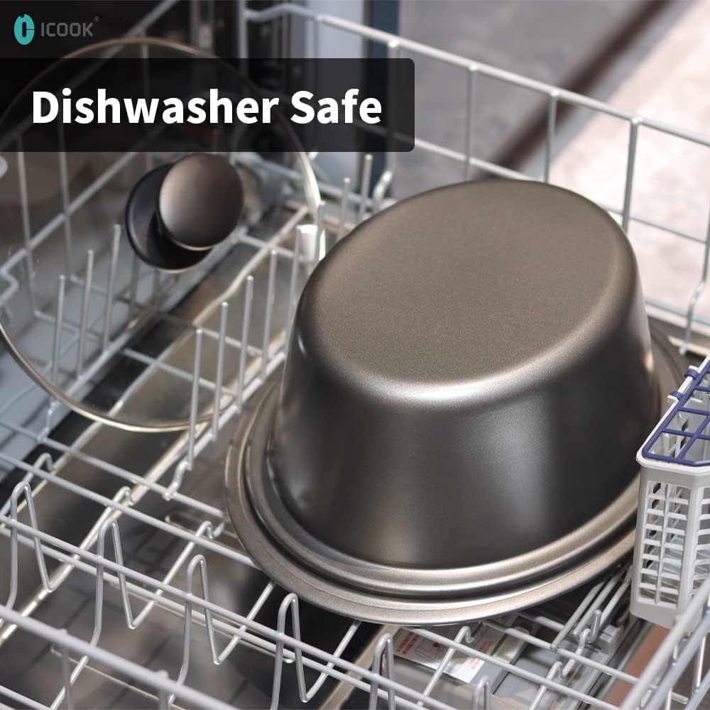 ICOOK USC-65-OP001RD 6.5 Quart Slow Cooker,Aluminium Sear/Sauté Stew Pot Stovetop safe,Dishwasher Safe,Glass Lid,Adjustable Temp,Food Warmer(Red)