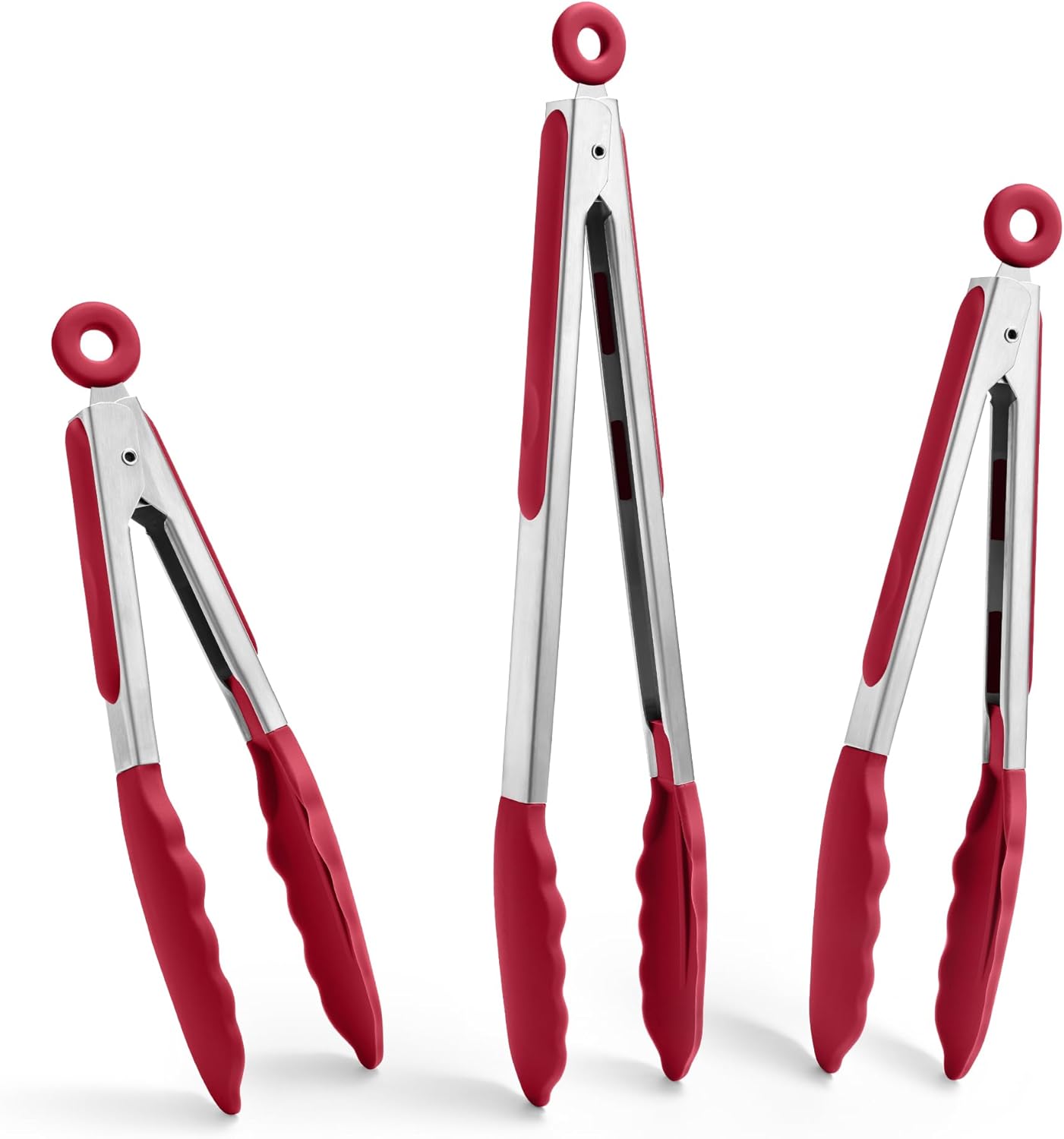 Doosu Kitchen Tongs for Cooking - 600°F Heat Resistant Food Tong Set with Non-Scratch Silicone Tips, Heavy Duty Stainless Steel Locking Tong for BBQ, Grilling Steak, Serving Salad (7+9+12in, Red)