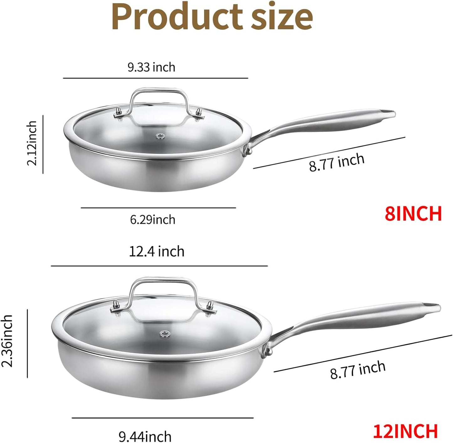 DELARLO Tri-ply Stainless Steel Frying Pan Set with Lid 8"12" Induction large Skillets Chef's Pan,Pots and Pans Set Kitchen Cookware Set Suitable for All Stove