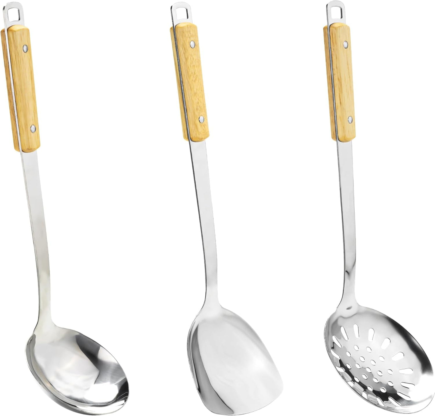 FJNATINH Wok Spatula and Ladle Skimmer Spoon - Stainless Steel Cooking Utensils Set of 3,Kitchen Wok Utensils Set
