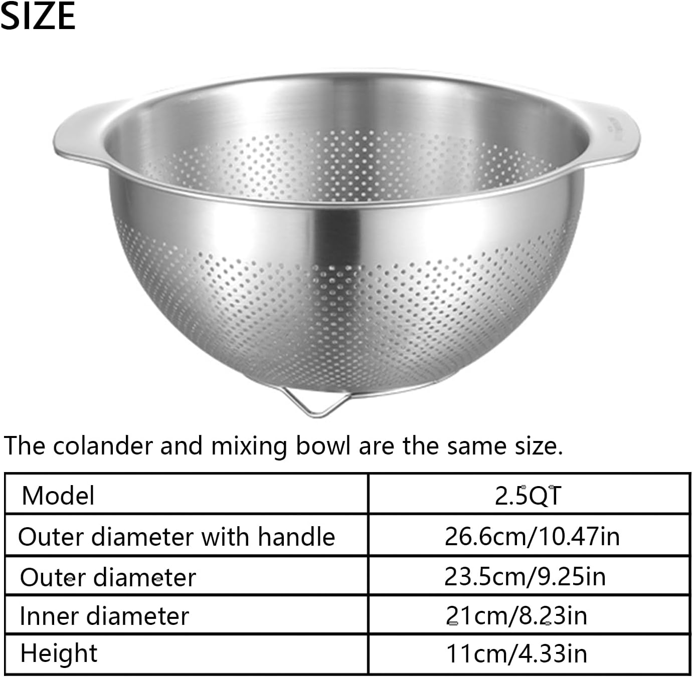 18/8 Stainless Steel Microwell Colander, 2.5QT Large Capacity with Handle Kitchen Food Strainer Basket for Washing Vegetables, Fruits, Rice, and Pasta (primary colour, 2.5QT)