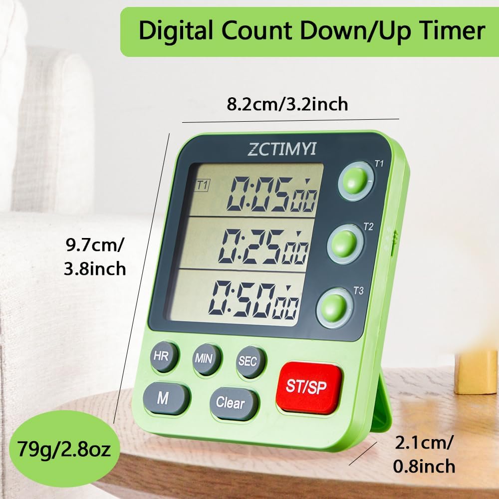 Dual Digital Timer for Kitchen Cooking, 3 Channels Count Down/Up Triple Timer for Kids, Presets Memory Large Display & Magnetic Back Adjustable Alarm Volume, Suit for Kids Teachers Studying, Green