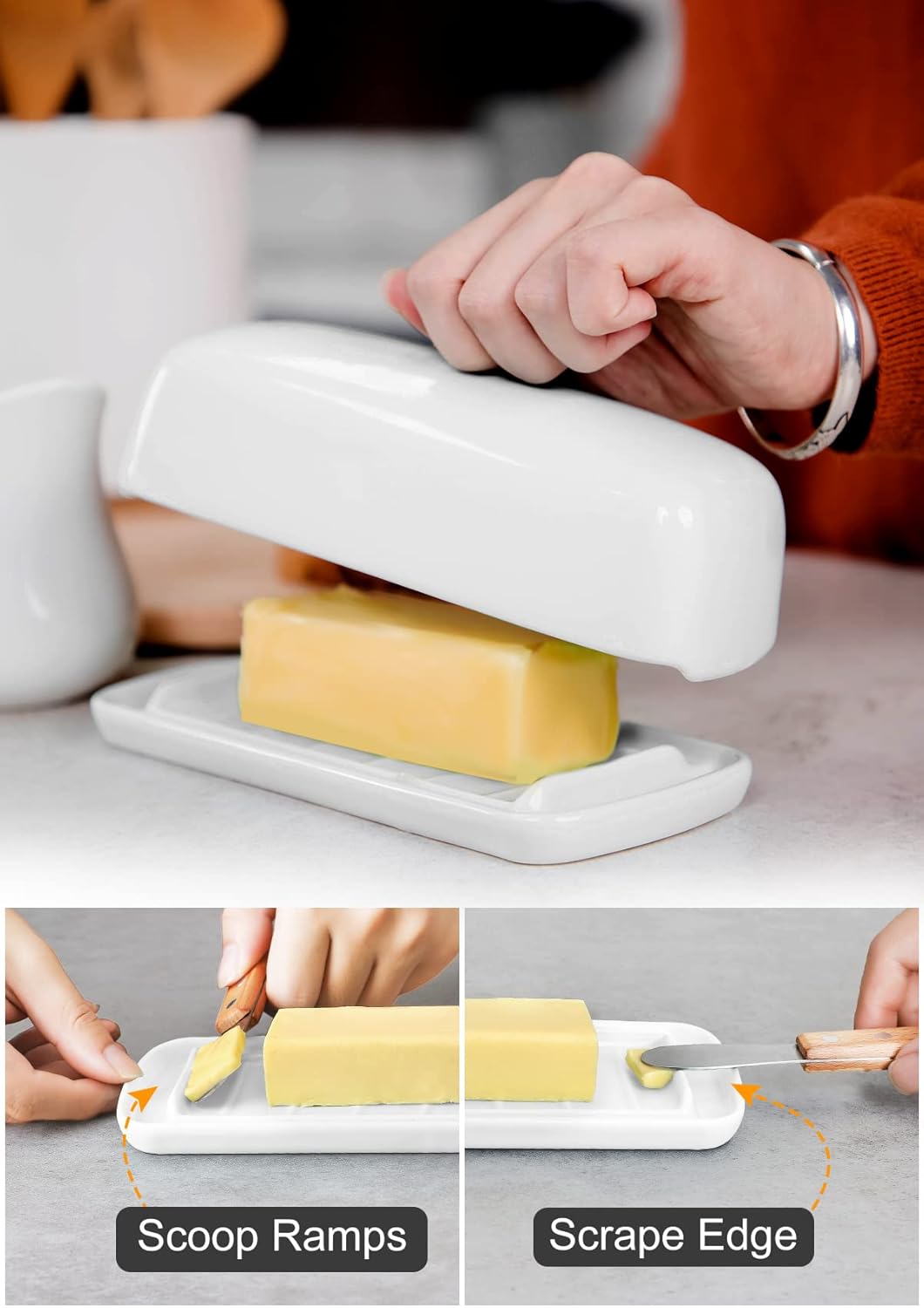 Nucookery Porcelain Butter Dish - Clean Table Design - Ceramic Butter Dishes with Lid for Countertop with Raised Non-Slip Strip - Holds 1 Standard Butter Stick - Easy to Clean & Dishwasher Safe. White