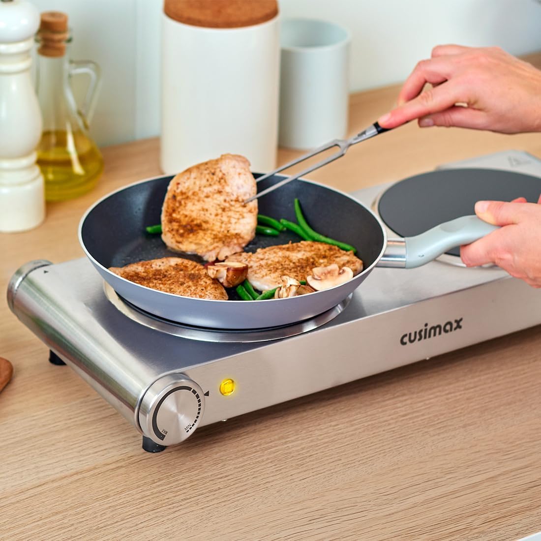 Double Burner, CUSIMAX Electric Burner 1800W Ceramic Hot Plate for Cooking, Glass Plate Infrared Burner, Portable Dual Control Electric Cooktop, Stainless Steel-Upgraded Version