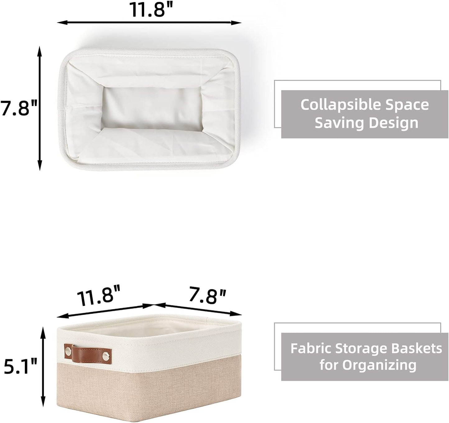 HNZIGE Small Fabric Baskets for Organizing(6 pack) Collapsible Storage Baskets for Shelves, Closets, Laundry, Nursery, Decorative Baskets for Gifts Empty (White&Khaki, 11.8" x 7.8" x 5.1")