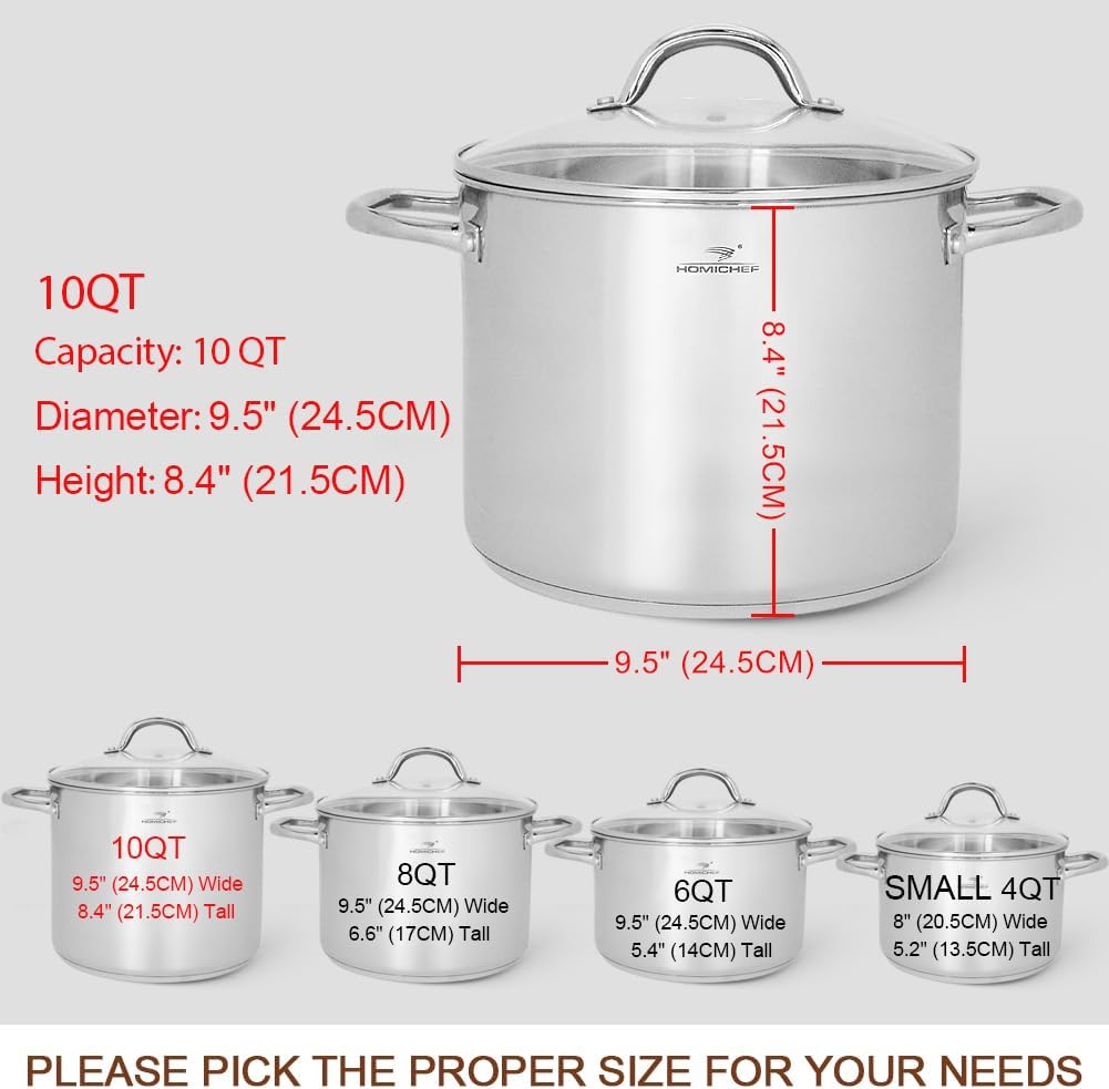 HOMICHEF 10 Quart Stock Pot With Glass Lid - Nickel Free Stainless Steel 10 Qt Pots With Handle - Mirror Polished StockPot 10 Quart - Induction Cooking Pots With Lid - Healthy Soup Pot