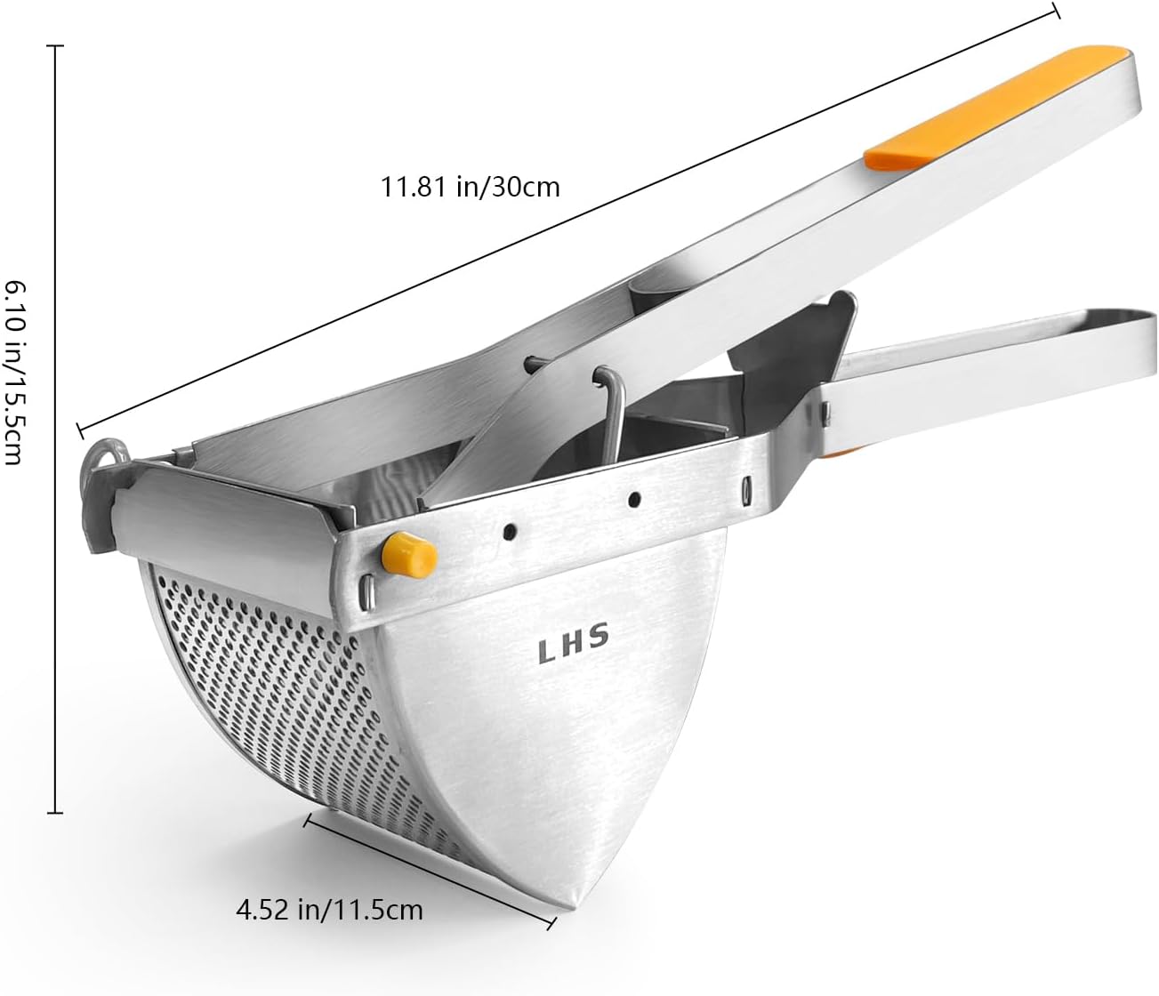 LHS Stainless Steel Potato Ricer and Masher, Heavy Duty Commercial Food Masher, Ergonomic Comfort Grip, Extra Large Capacity, Dishwasher Safe (Orange)