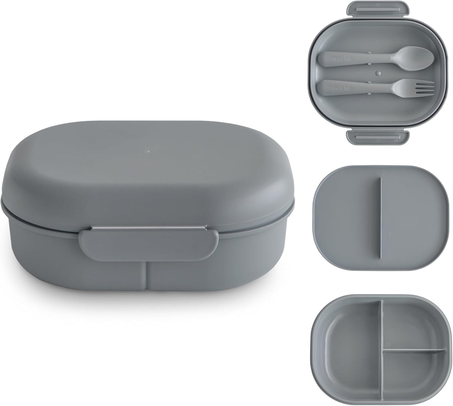 mushie Kids Bento Lunch Box | 3-Compartment & Removable Divider + Fork & Spoon Utensils | Great For Meals, School, Snacks On-the-Go | Dishwasher Safe (Smoke)