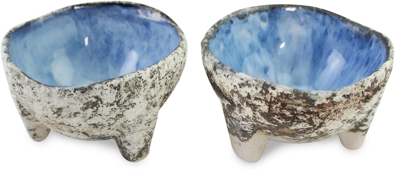 roro Artisan Crafted Blue-Gray Ceramic Dip | Suace Molcajete Bowls, 3-Legged Stoneware 4-Inch Diameter, Set of 2