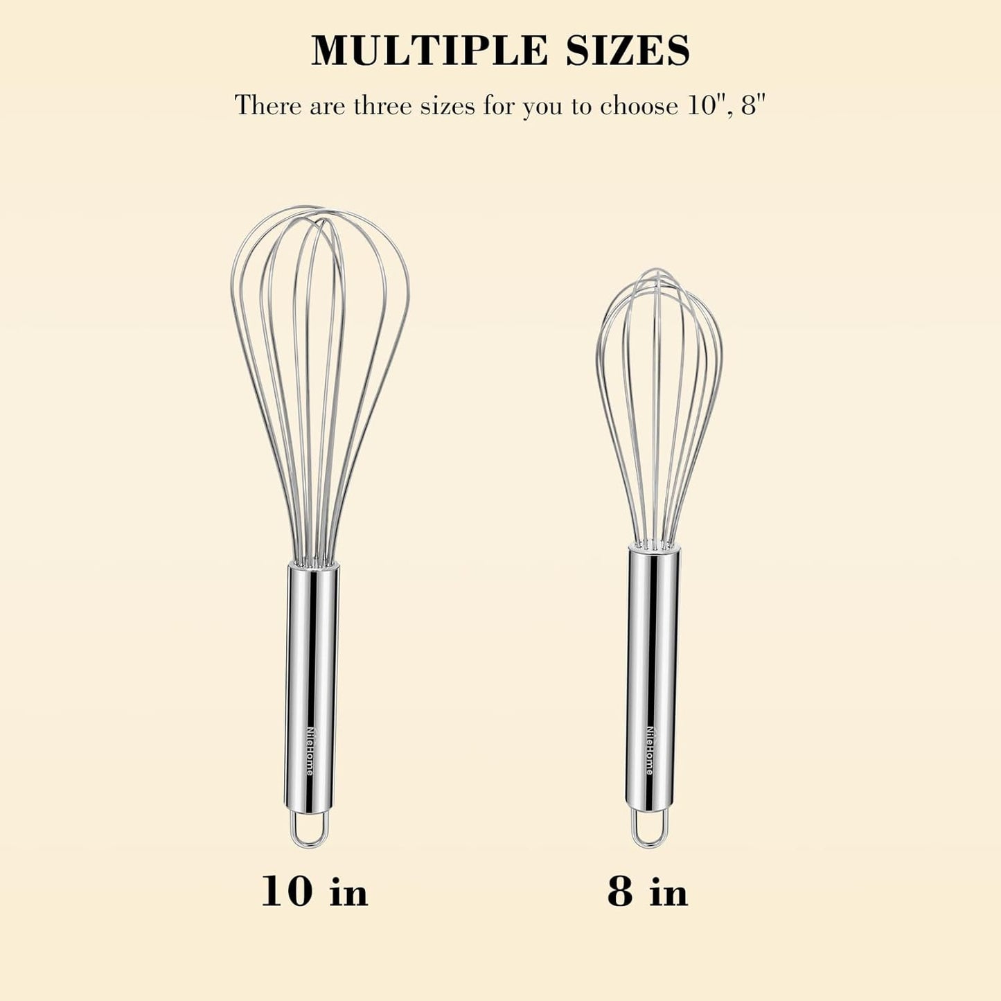 NileHome Whisk, Stainless Steel Wisk Set 8" 10" Kitchen Whisk Wisking Tool Kitchen Wisk Wire Whisks for Cooking, Whisking, Blending, Beating, Stirring-…