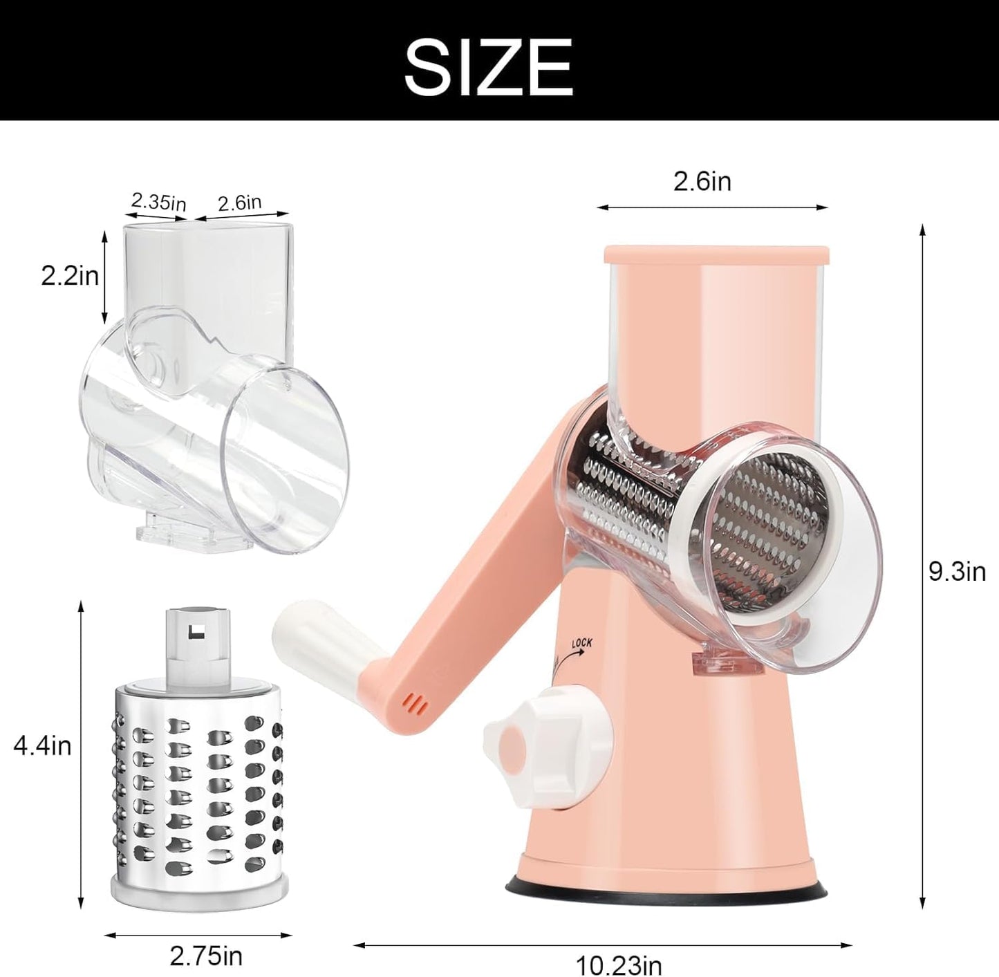 Cambom Rotary Cheese Grater Hand Crank Cheese Shredder for Fresh Cheese, Vegetable, Nuts,Non-slip Suction Base, Free Cleaning Brush Three Blades, Pink