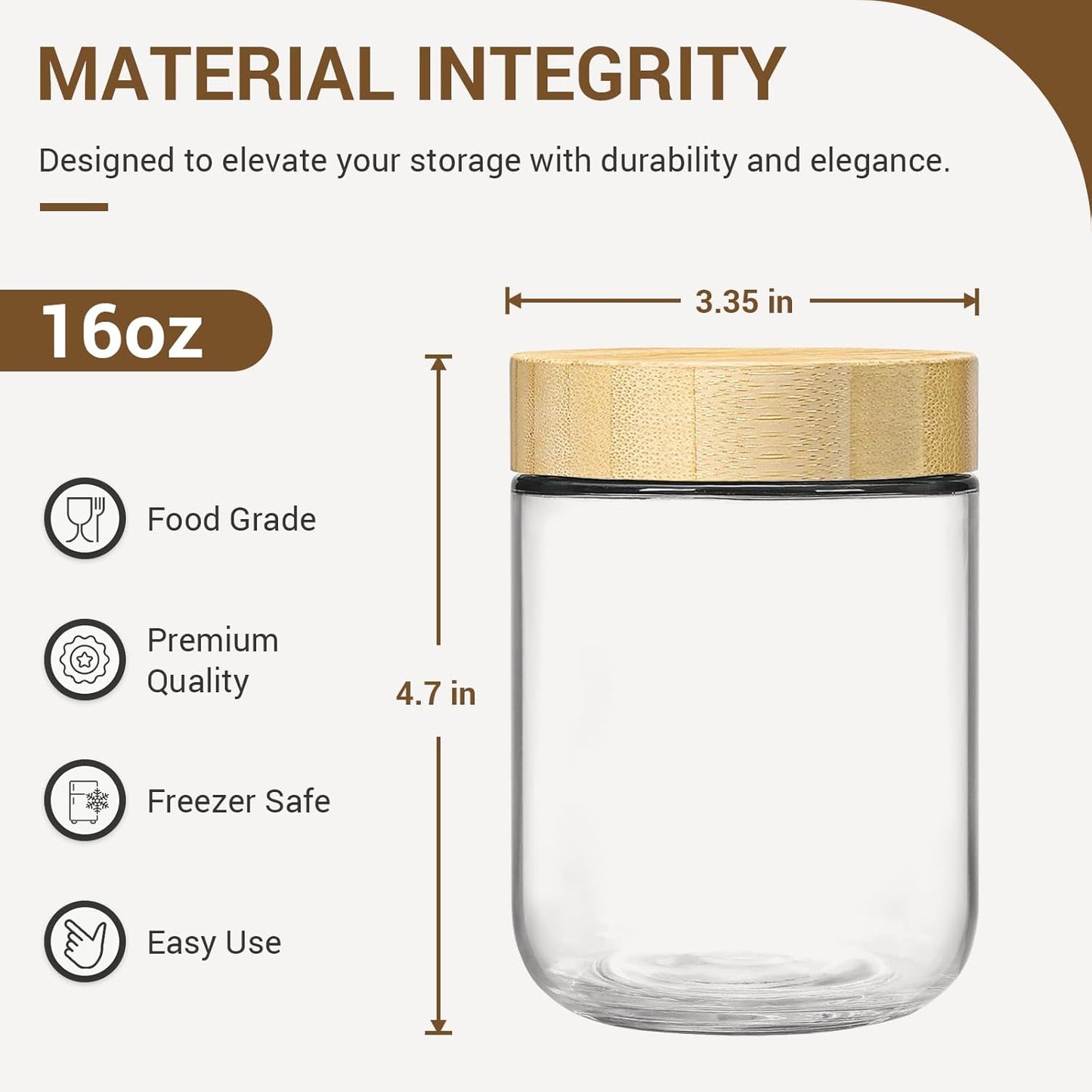 NETANY 6-pack 16oz Glass jars with Airtight Lids, Overnight Oats Containers with Bamboo Lids, Wide mouth Mason Salad jars, Glass Food Storage Containers for Snacks Yogurt Spice Sugar