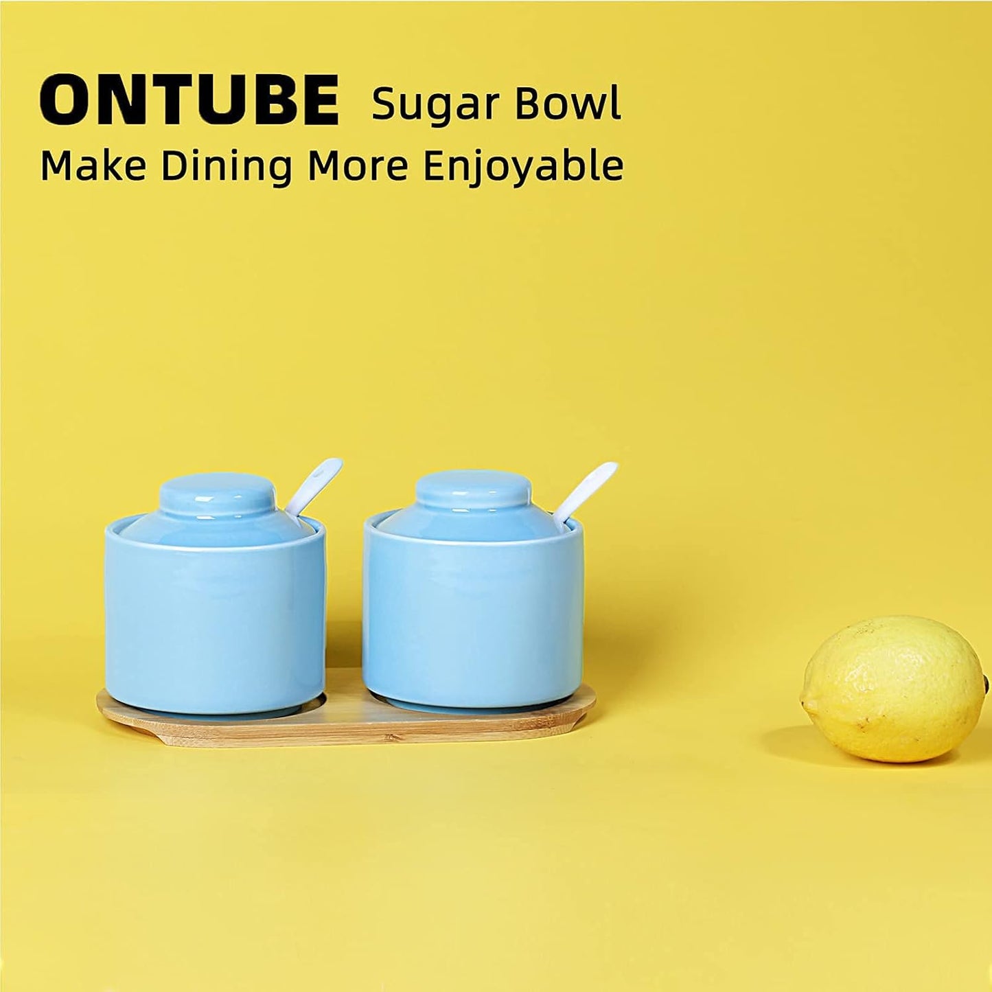 ONTUBE Ceramic Sugar Bowl with Lid and Spoon Set of 2,Porcelain Seasoning Box Salt Bowl with Tray,8oz (Turquoise Blue)