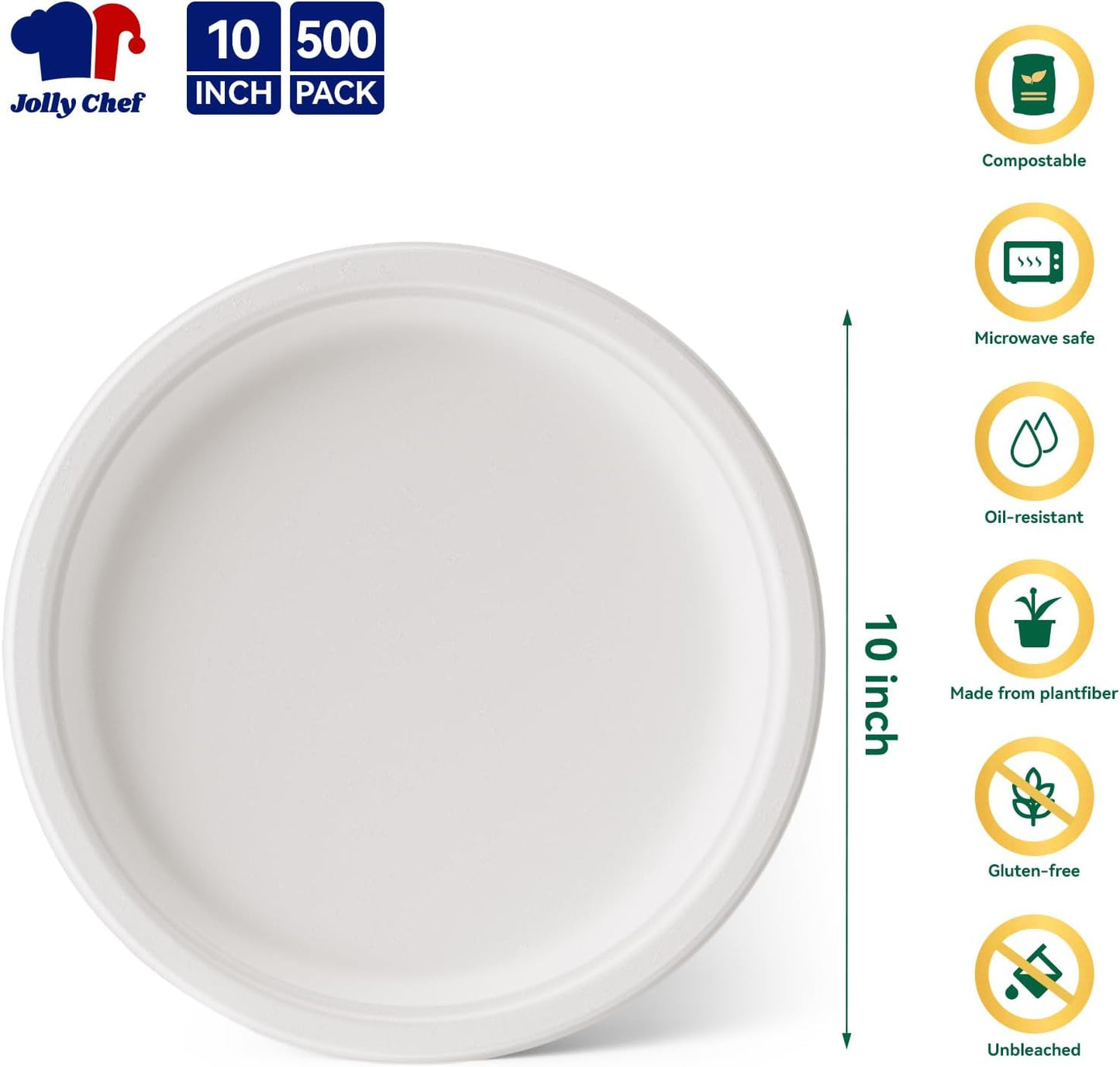 JOLLY CHEF Compostable Heavy Duty Plates 𝟭𝟬 𝗜𝗻𝗰𝗵 [𝟱𝟬𝟬 𝗣𝗮𝗰𝗸] Eco-Friendly Disposable White Paper Plates Made of Bagasse Biodegradable Bulk for Party Dinner Sugarcane Fibers Round 500 Count